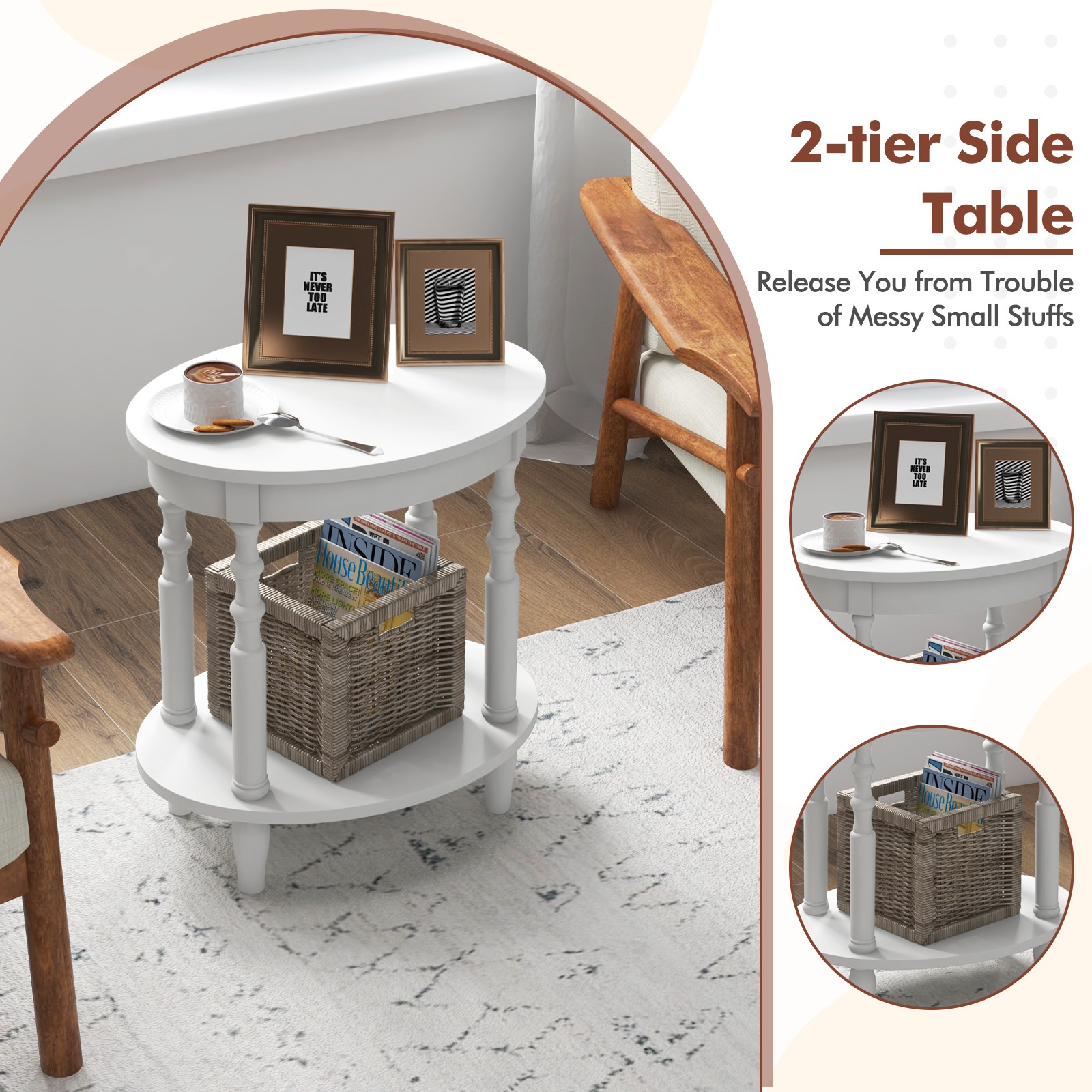 2 PCS Oval Compact Sofa Side Nightstand 2-Tier End Table w/ Storage Shelf White