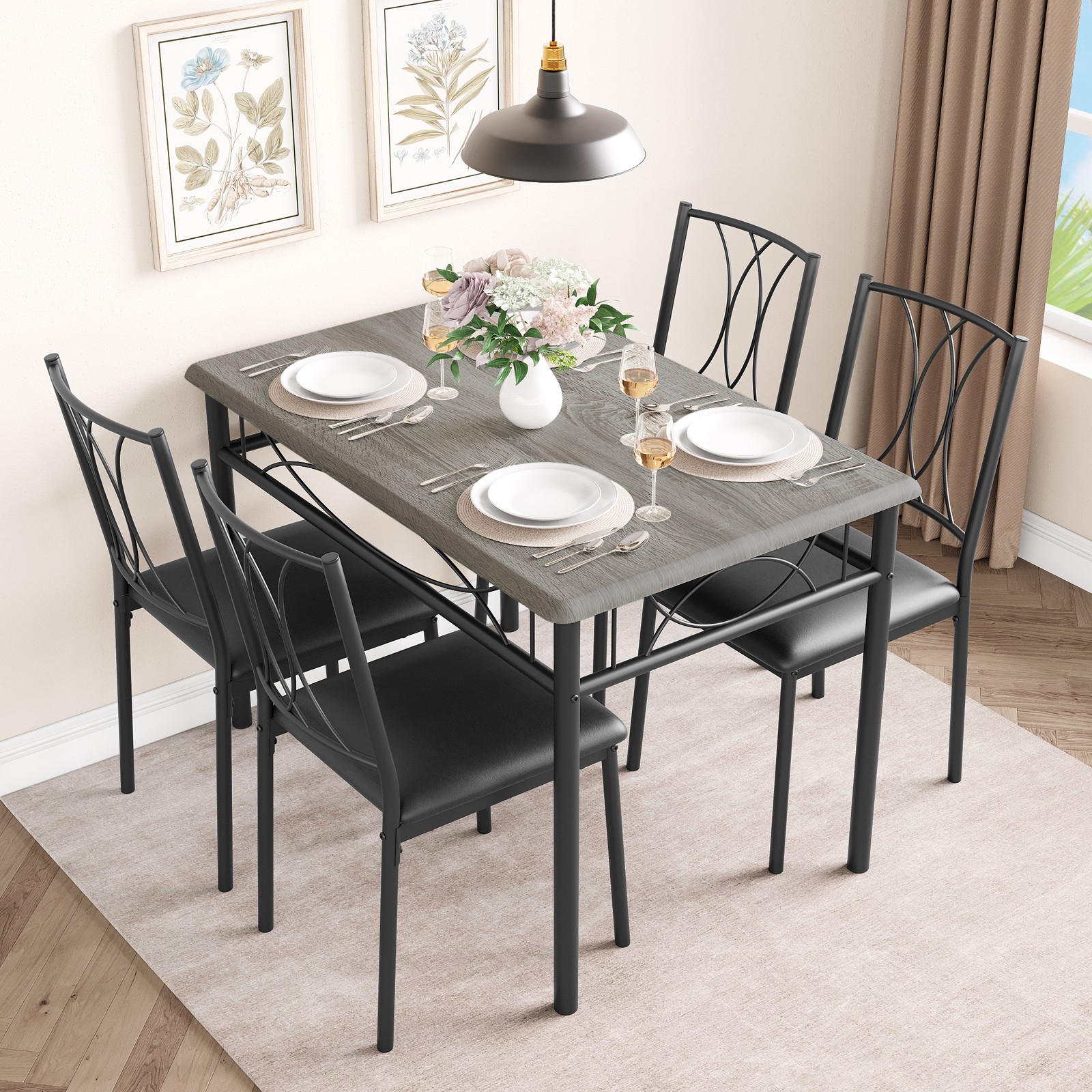 5 Piece Grey Dining Table Set, Kitchen Table And 4 Upholstered Dining Chairs