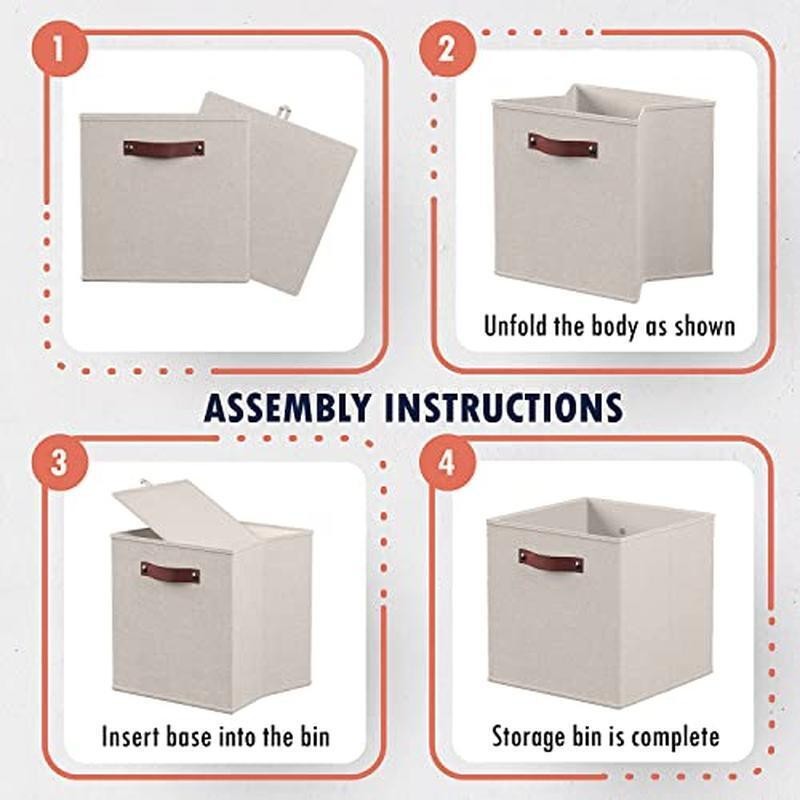 Foldable Storage Cube Bins 6 Pack Durable Fabric Box Organizer W/ Handles Beige