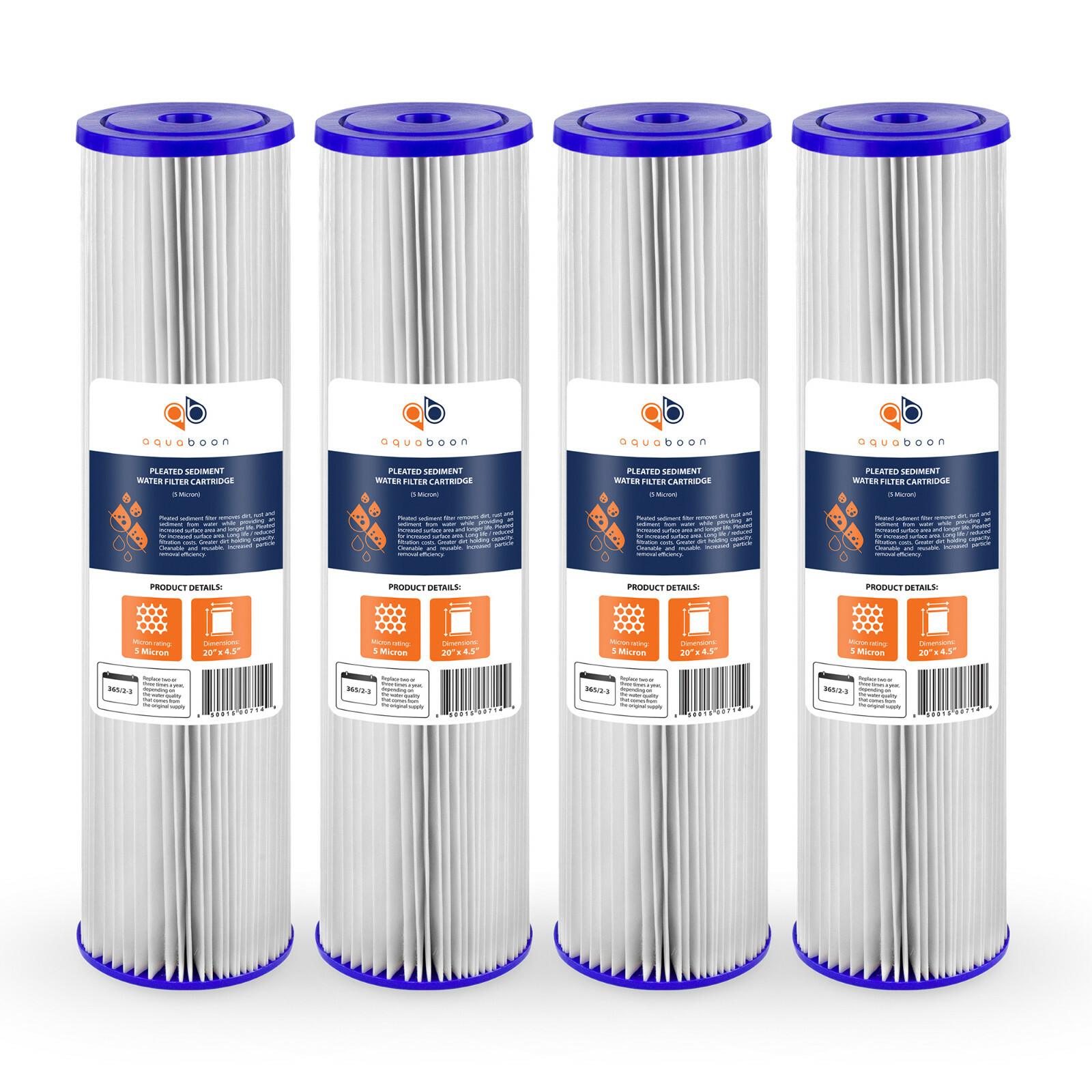 4PK of Big Blue 5µm Pleated Washable Sediment Water Filter 20"x4.5" by Aquaboon
