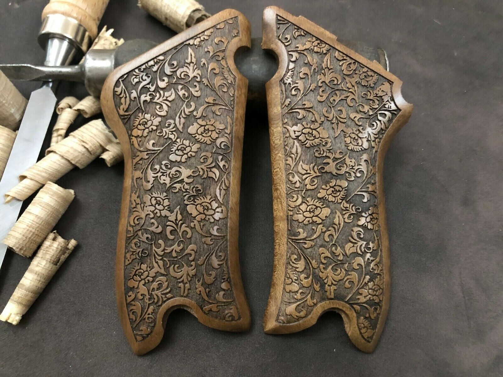 Luger P 08 Turkish Walnut Grips Handmade. Floral. US Based Seller. First Q