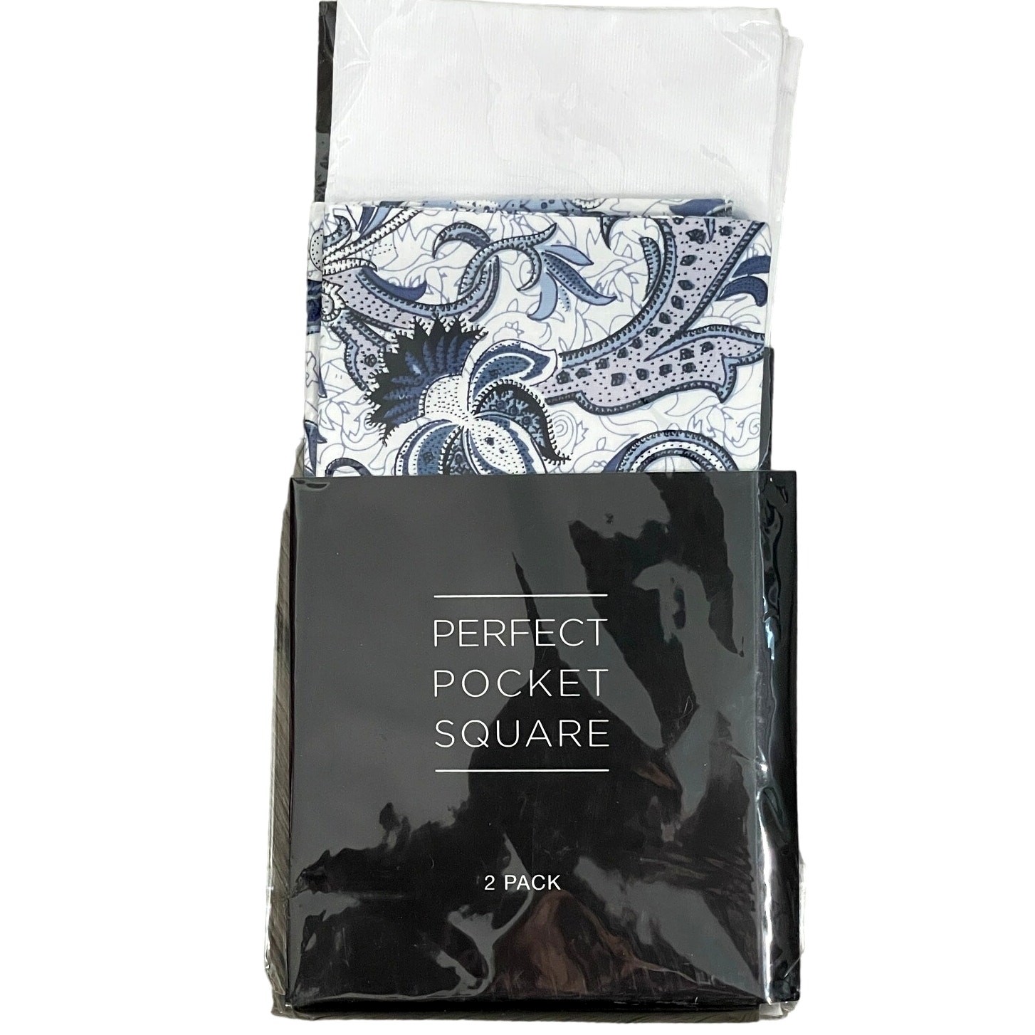 2pc Set Perfect Pocket Squares Cotton - White & Paisley Blue - $25