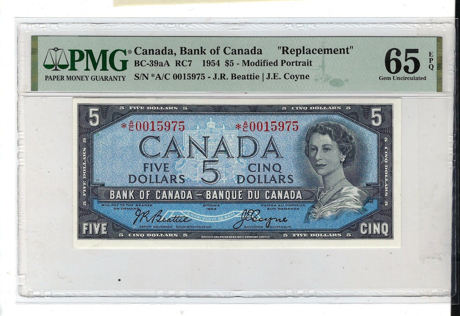 1954 $5 Bank of Canada BC-39aA Replacement *A/C - PMG Gem UNC 65 EPQ