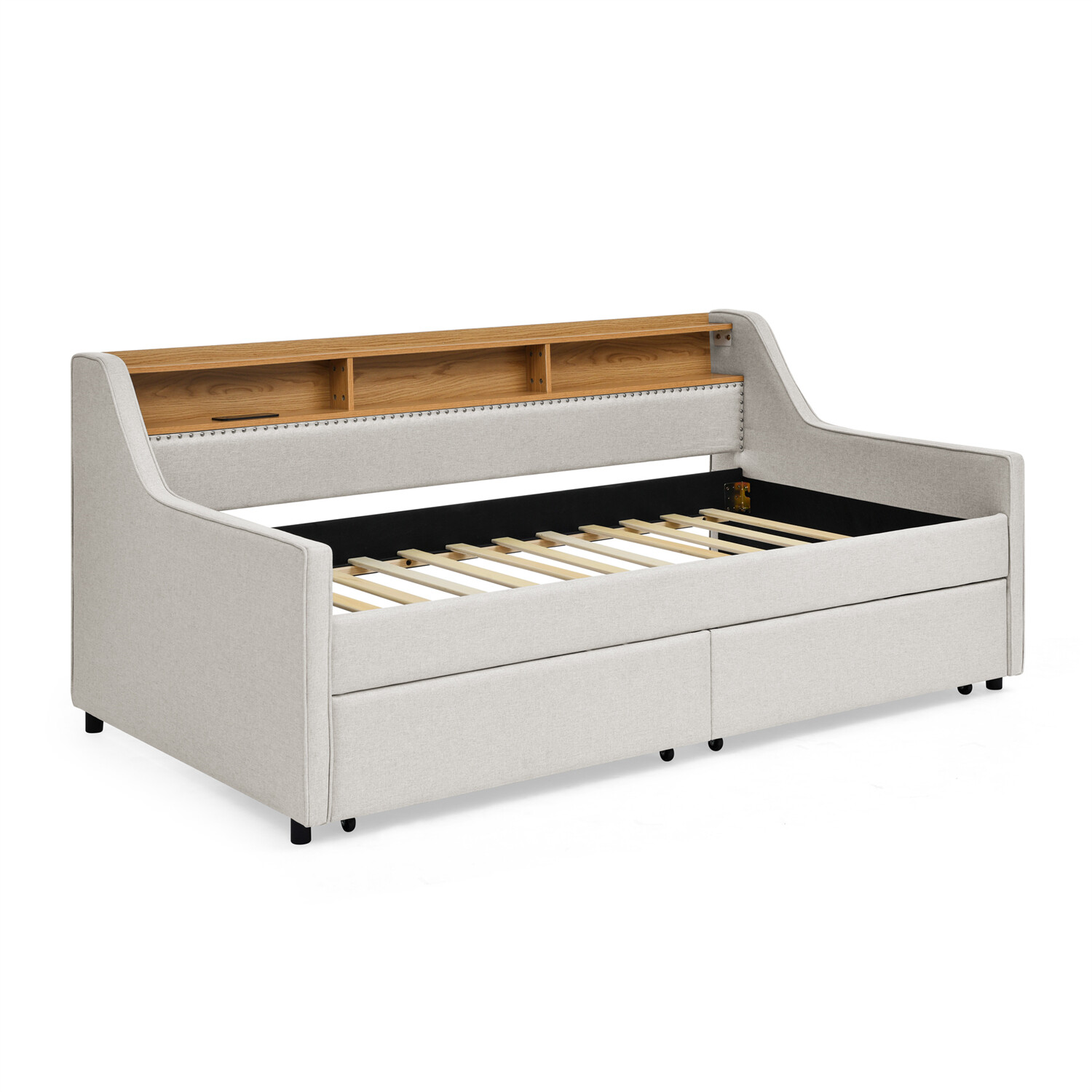 Twin Size Daybed Upholstered Bed Frame Sofa Bed w/ LED Lights & 2 Drawers