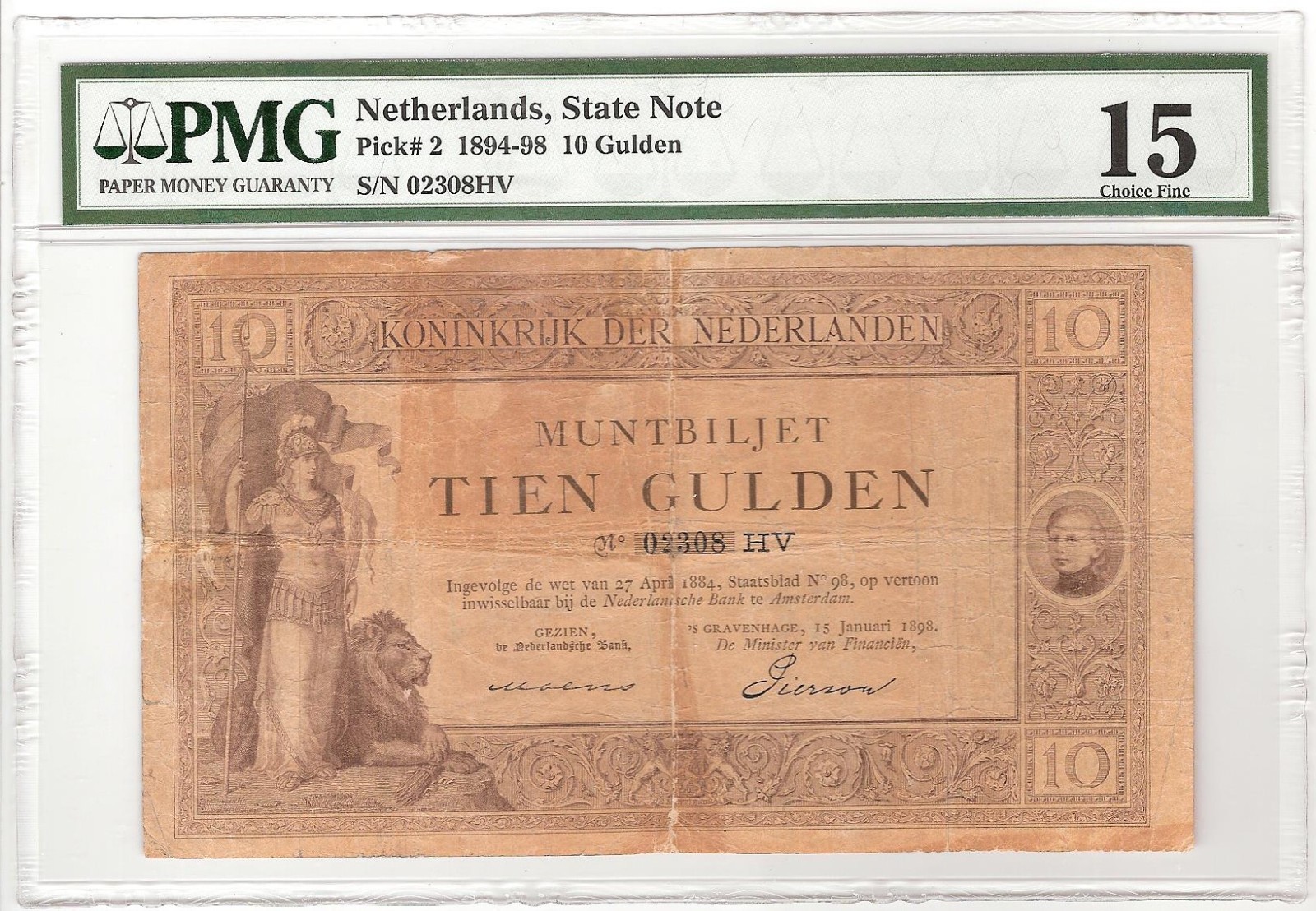NETHERLANDS  10 Gulden  1898  P:2  F (15 PMG)  VERY RARE