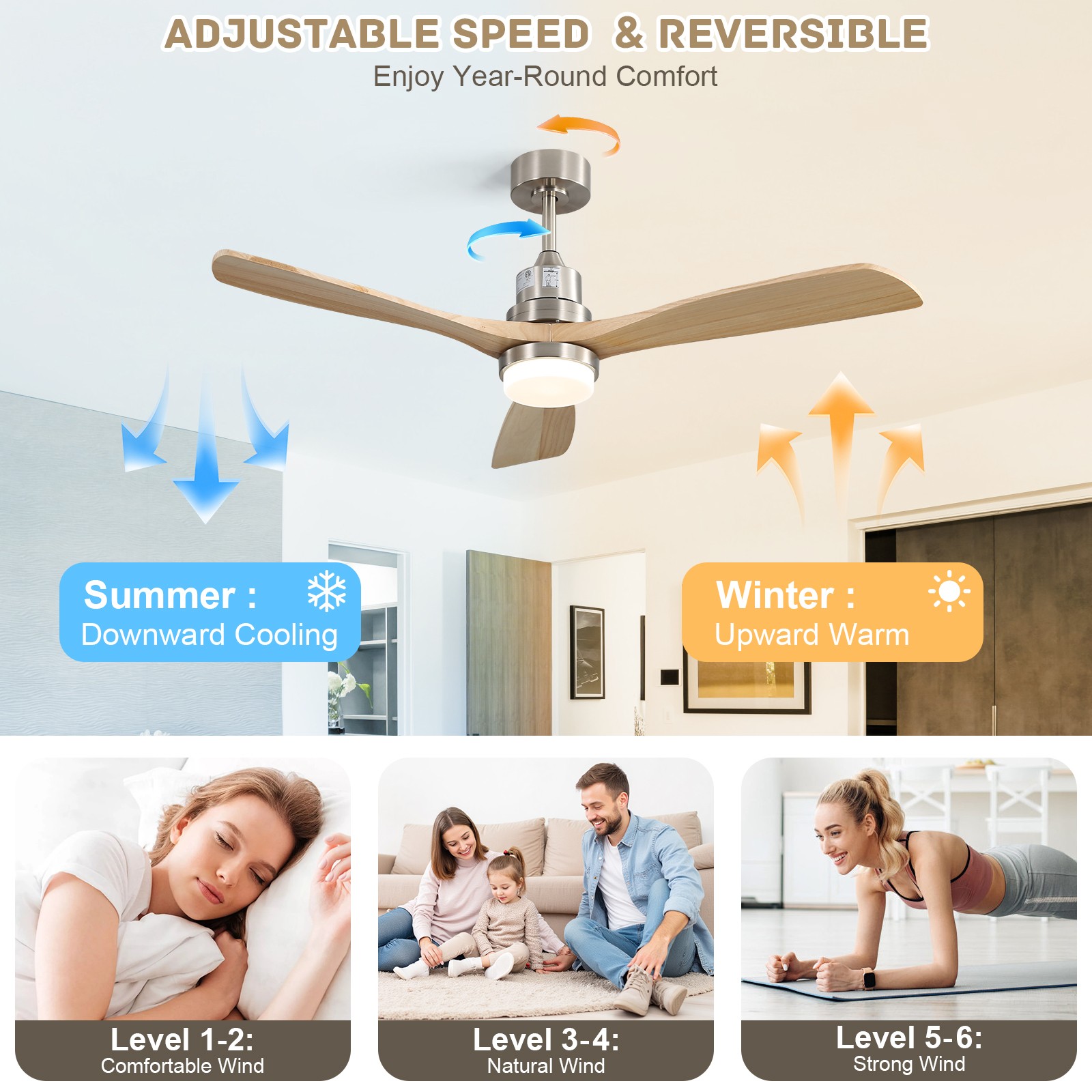 52'' Smart Wood Ceiling Fan w/ Stepless Dimmable LED Work with APP Google/Alexa