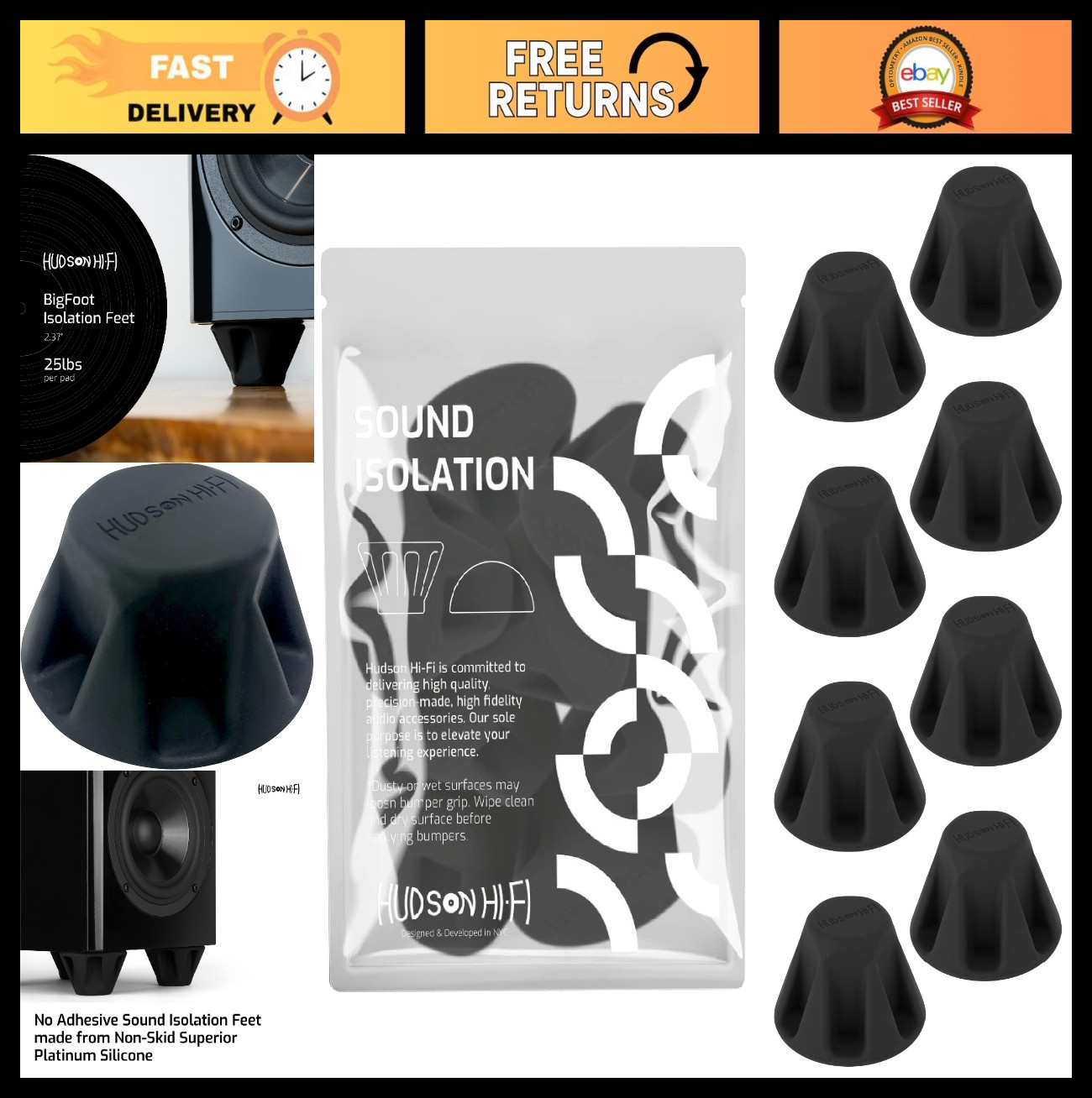 8-Pack Speaker Isolation Feet - 1.5" Anti-Vibration Rubber Pads for Audio Gear