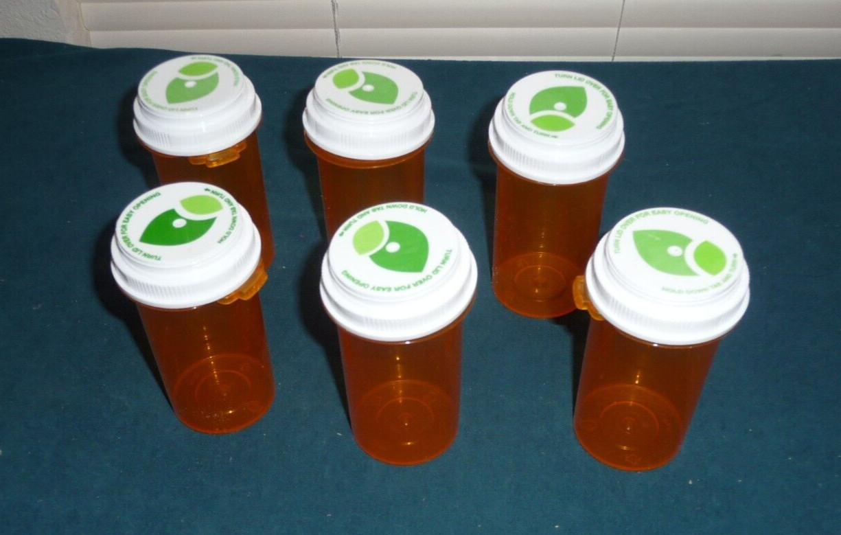 Lot Of 6 Empty Plastic PM-40 Pill Bottles 4 1 /4" Amber Hobby & Crafts White Lid
