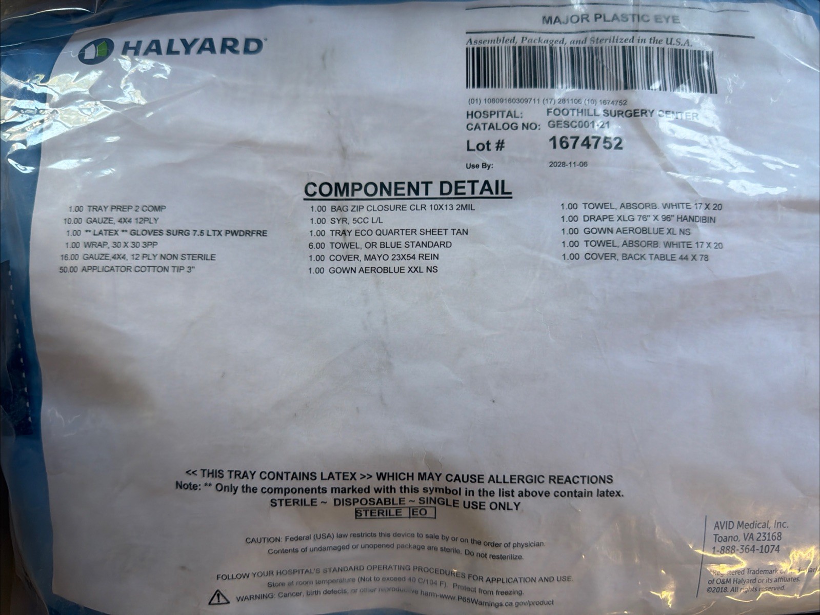 Halyard Sterile Major Plastic Eye Surgical Kit 1674752  95 pc. Kit exp. 11/2028