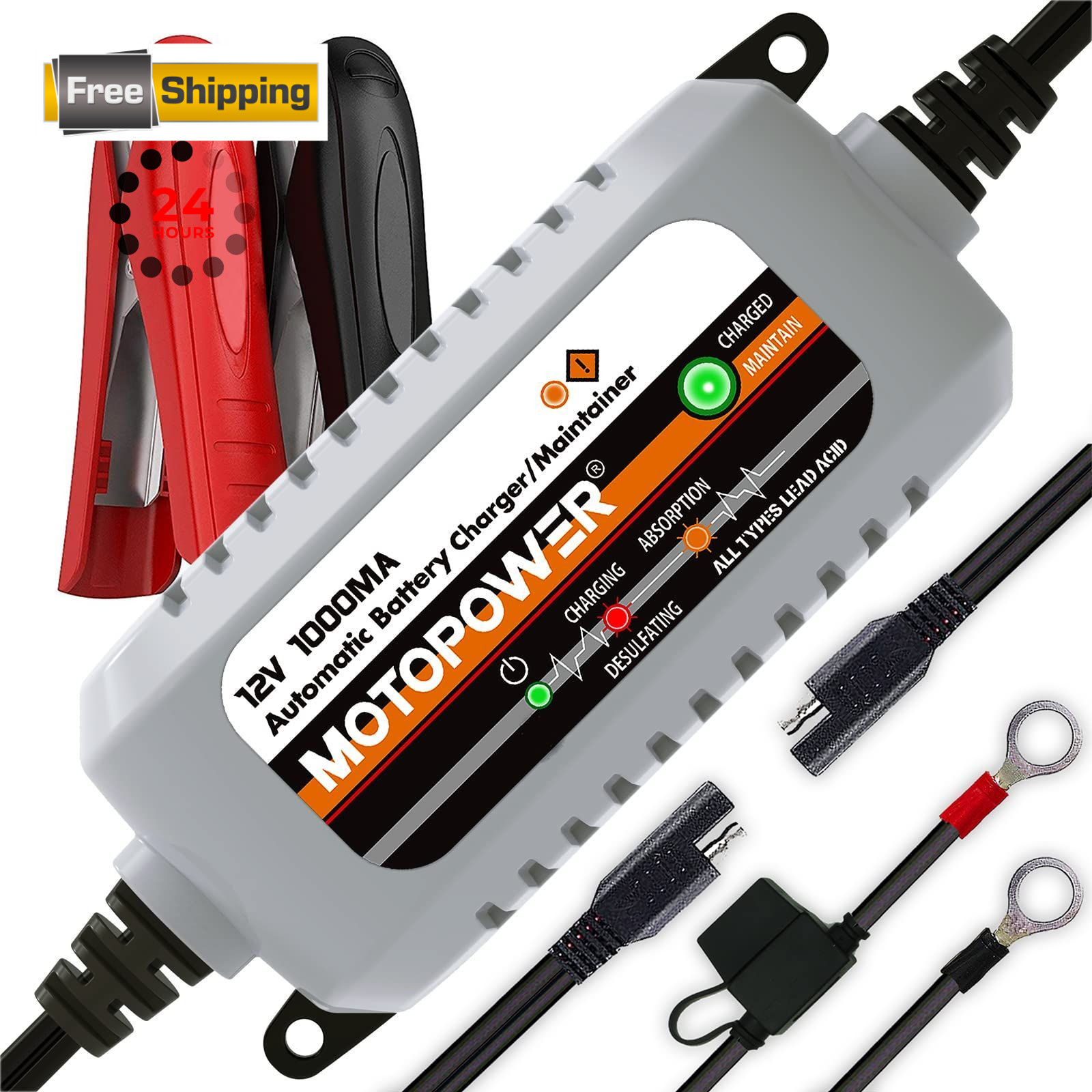 MOTOPOWER MP00205B 12V 1000mA Automatic Battery Charger, a) - Grey