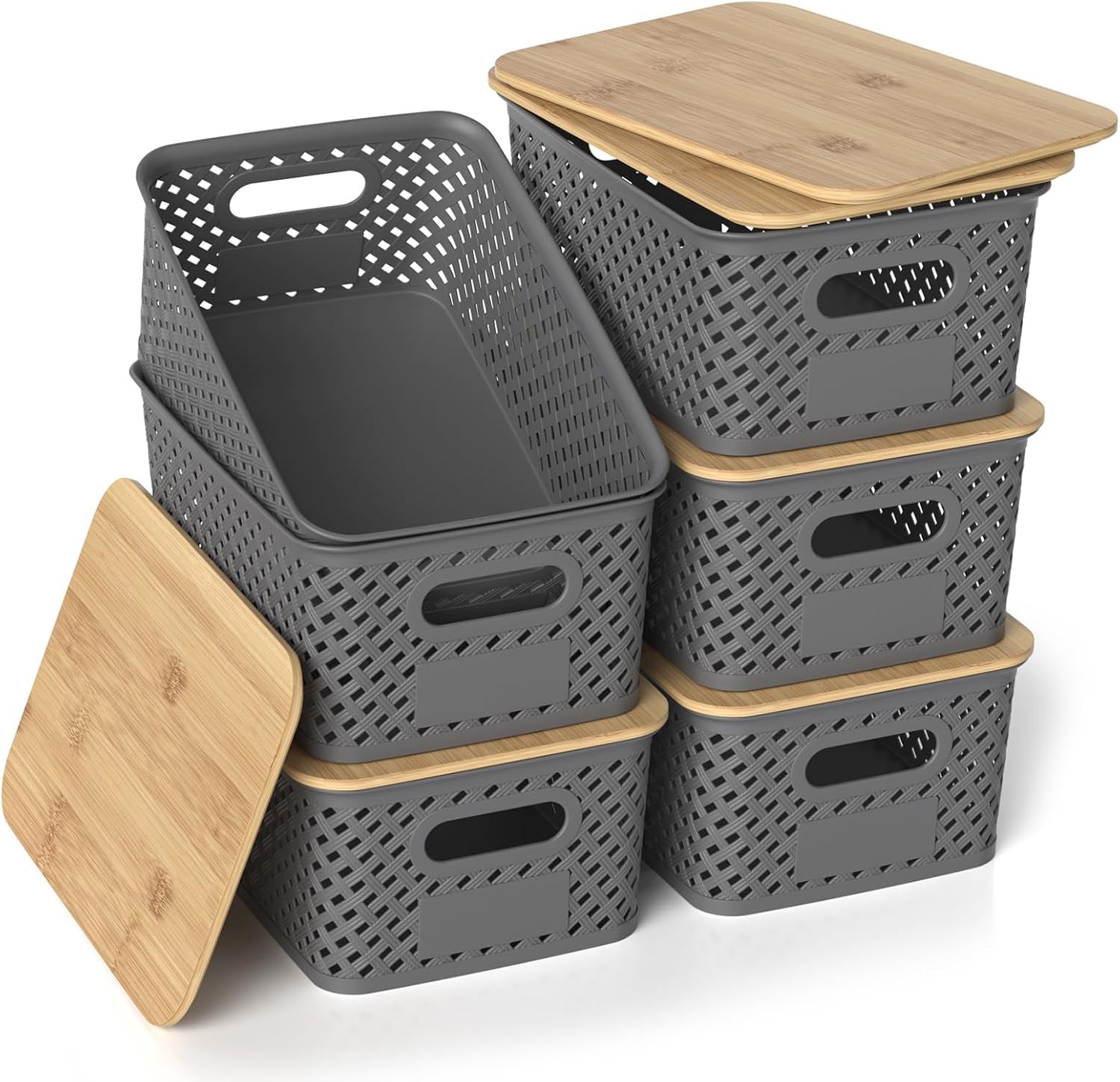 6 Pack Plastic Storage Bins W/ Bamboo Lids Stackable Small Box Baskets Container