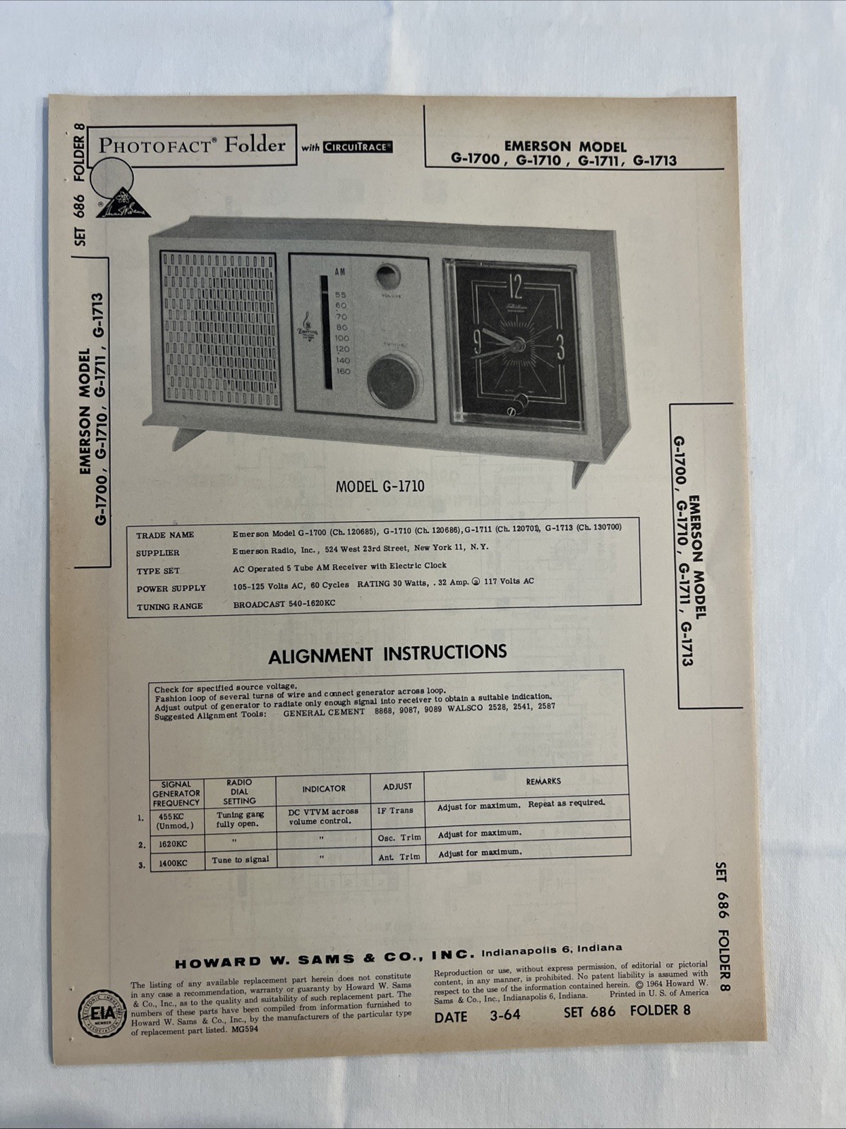 Vintage Sams Photofact Schematic 3-1964 EMERSON MODEL G-1700, G-1710,G-1711,