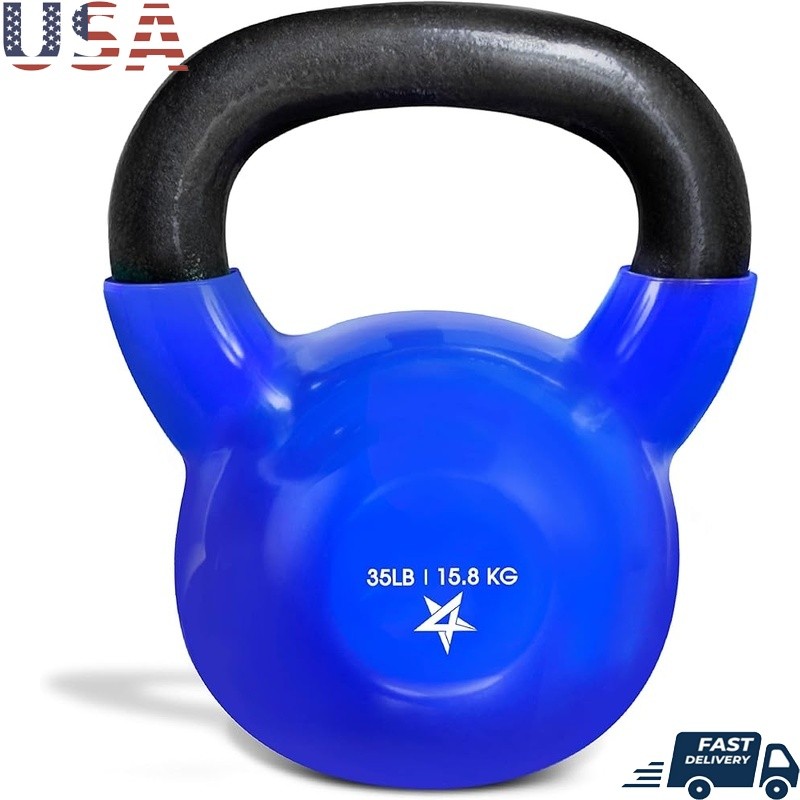 Cast Iron Kettlebell Vinyl Coated Handle Flat Bottom Fitness Training 35LB New