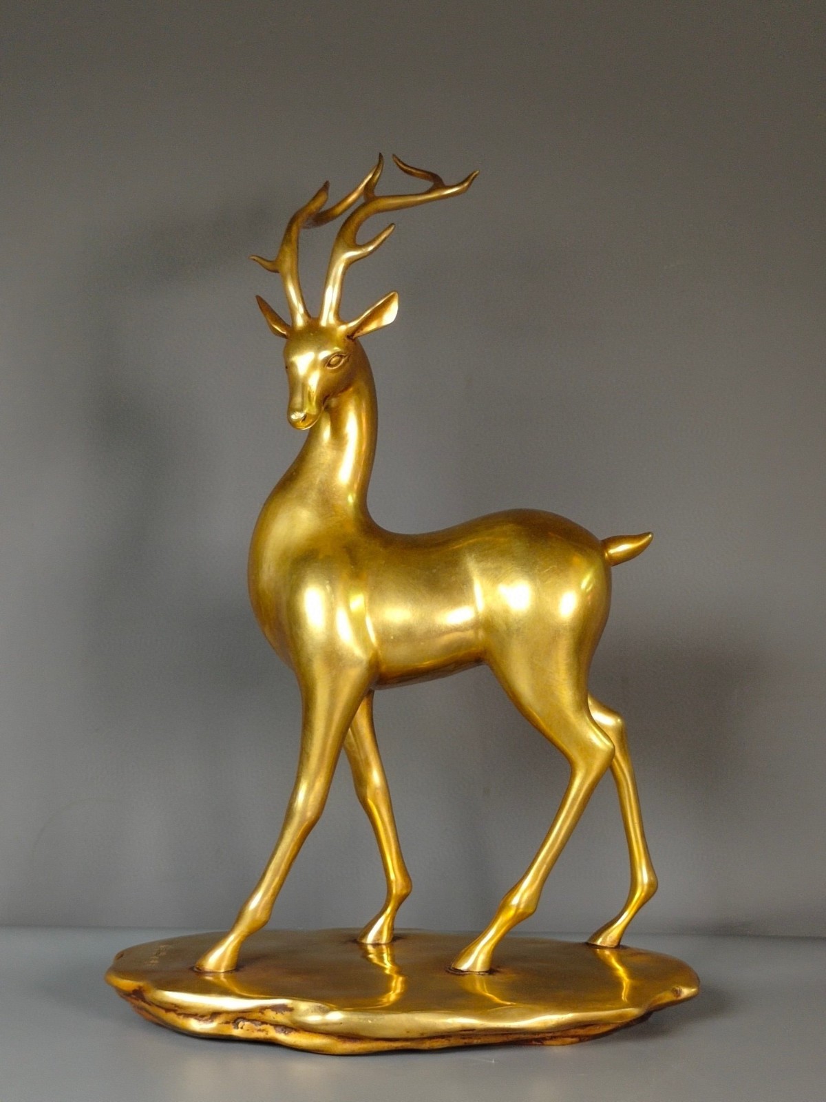 17''Old Chinese Dynasty Purple Bronze Gold Fengshui Deer Animal Statue Sculpture