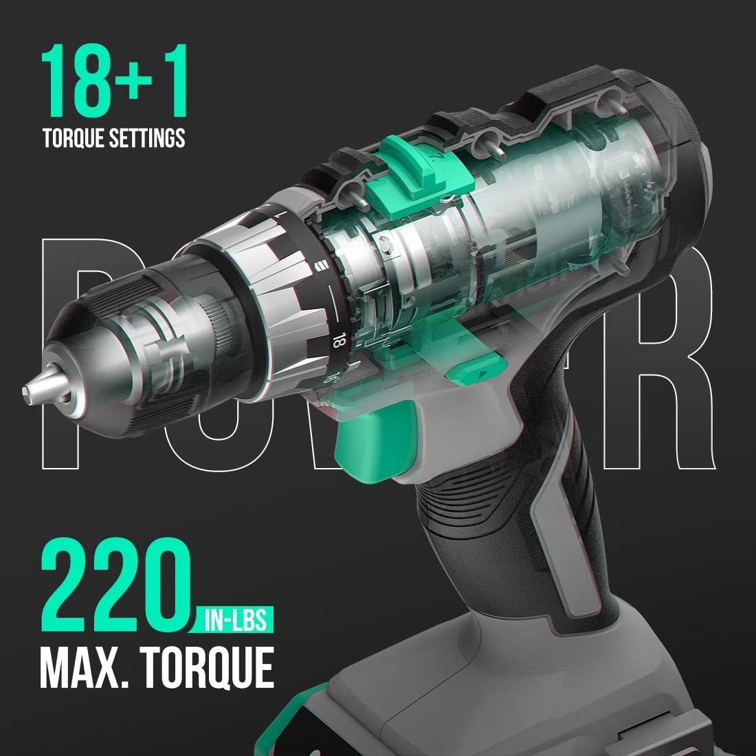 Cordless Drill Set, 20V Max Power Drill, 3/8” Keyless Chuck, 18+1 Torque Sett...