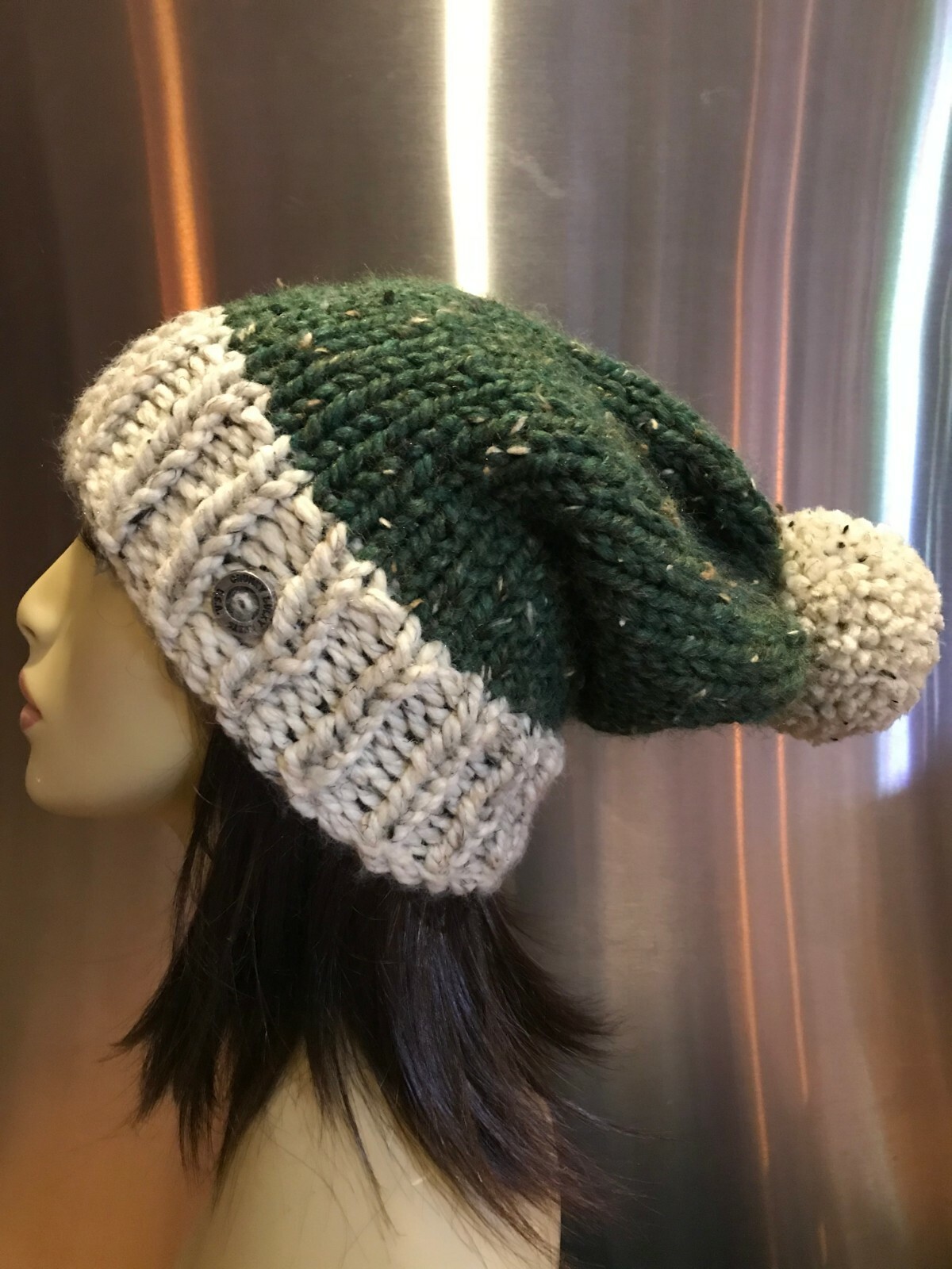 Chunky Unisex Dark Green With Beige Tweed Brim Hand Knit Slouchy Pom Pom Hat