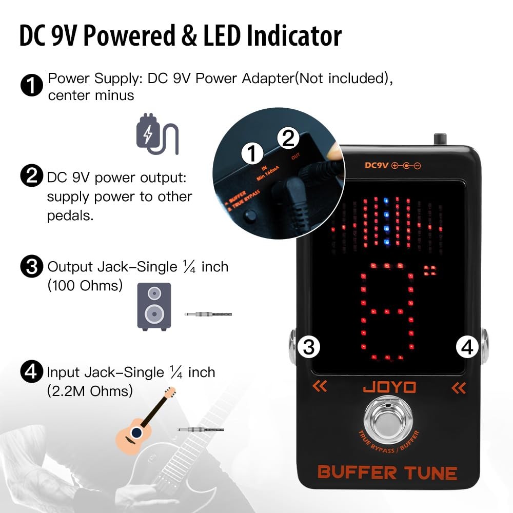 JOYO Buffer & Tuner Guitar Pedal, ±1 Cent Accuracy with LED Display & Black