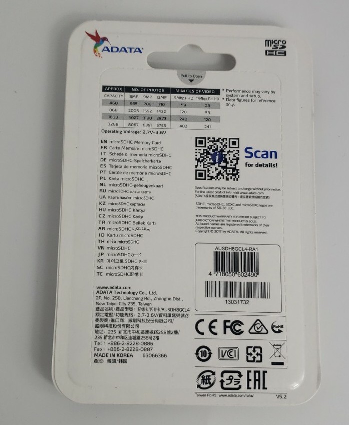 ADATA MicroSDHC Card and Adapter 8GB Factory Sealed