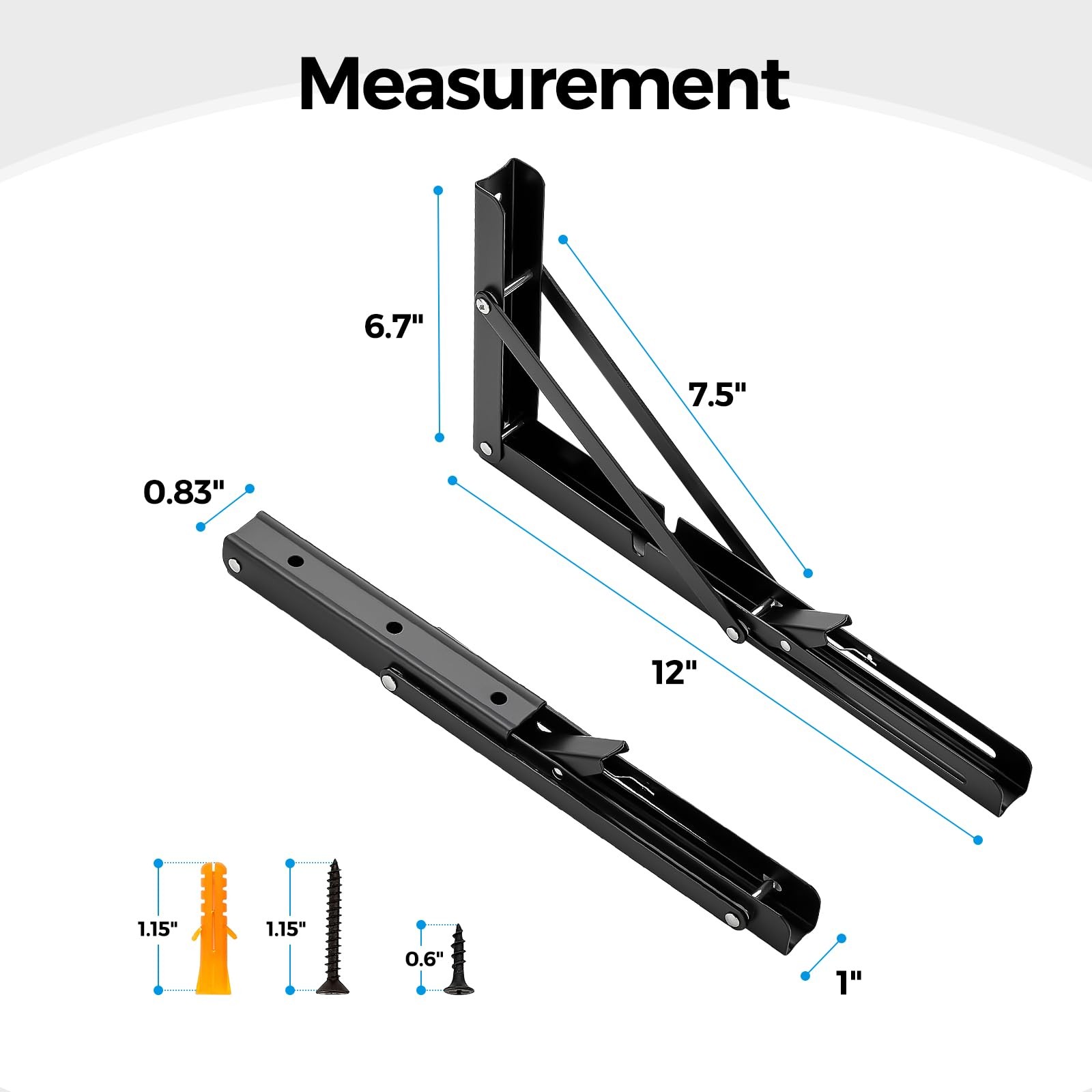 2 PCS Matte Black Folding Shelf Bracket 12 Inch Wall Mounted Collapsible Mount
