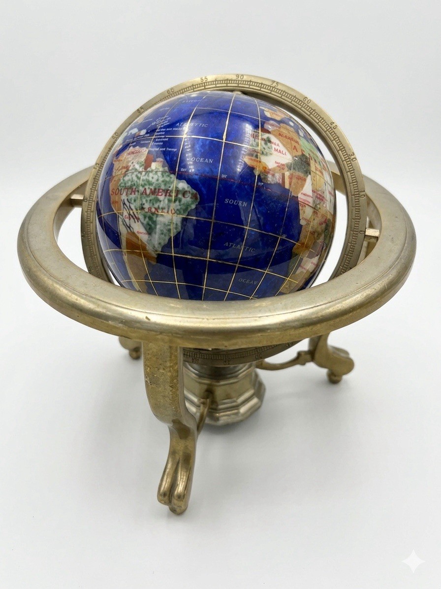 Gemstone Inlay Tabletop World Globe With Brass Frame & Compass 14" Tall