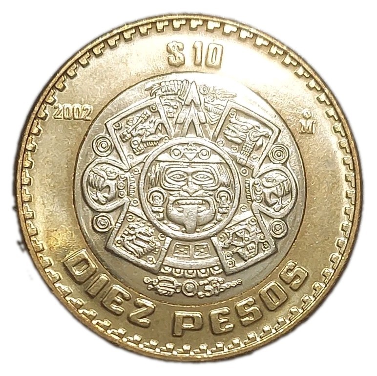 2002 Mo Mexico 10 Pesos BU UNC Bimetallic Coin KM 616