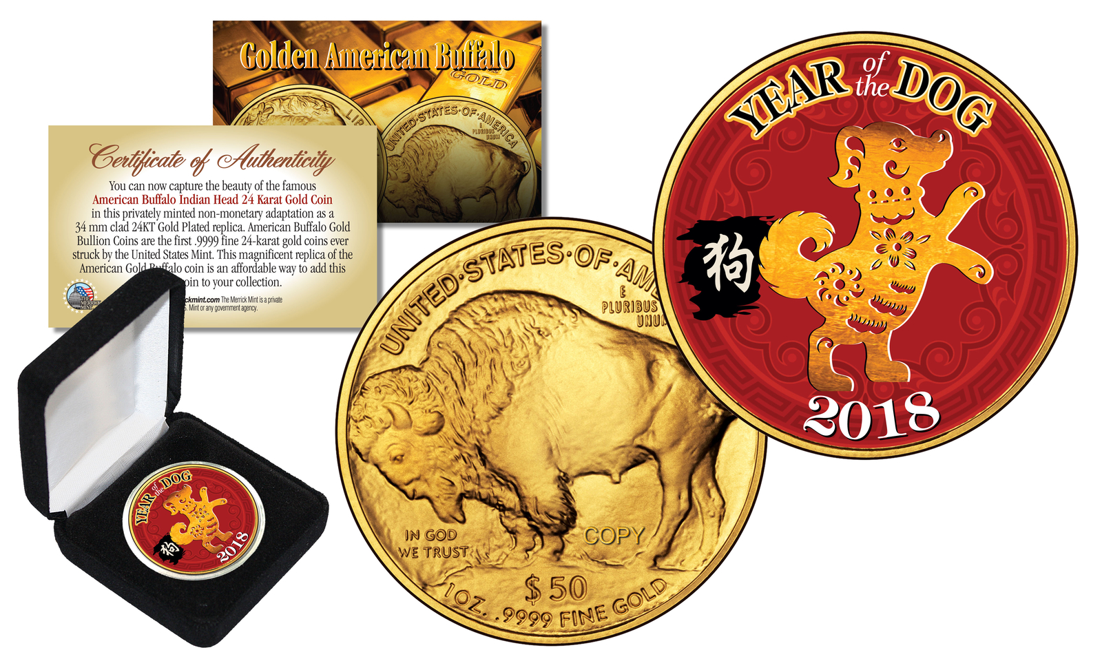 2018 Chinese YEAR OF THE DOG 24K Gold Clad $50 American Buffalo Tribute Coin BOX