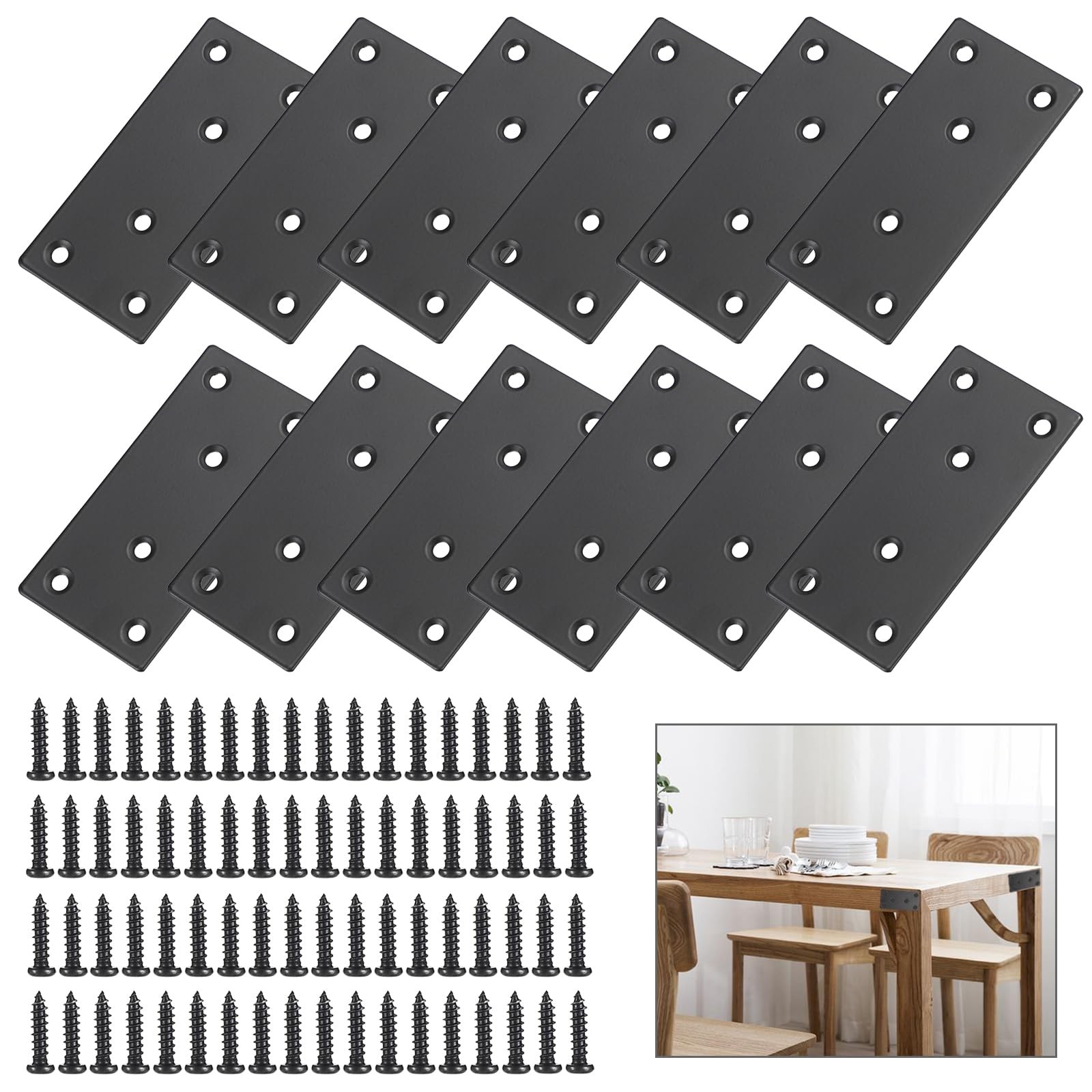 Sumnacon Mending Plate-12Pcs Stainless Steel Flat Plates 4 Inch Black, Black