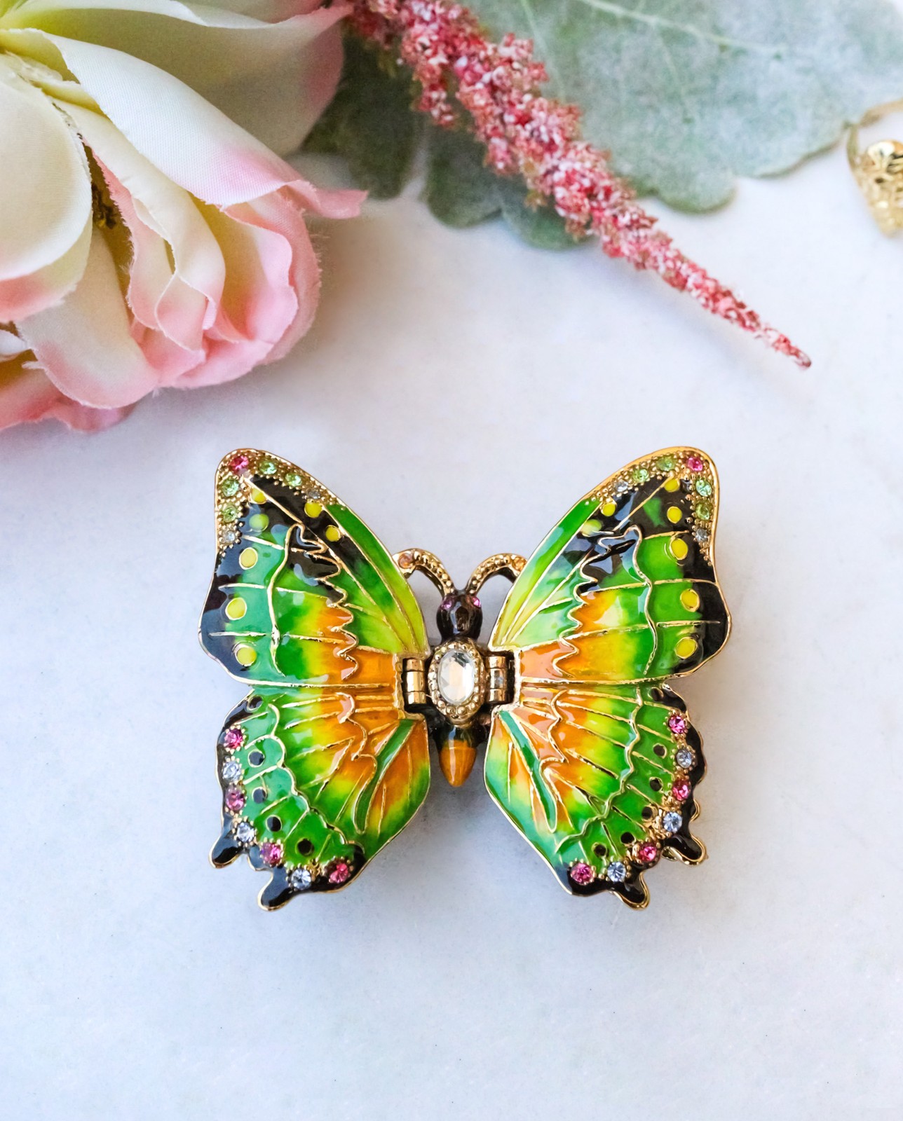 Green Monarch Butterfly Pewter Austrian Crystals Bejewelled Trinket Jewelry Box
