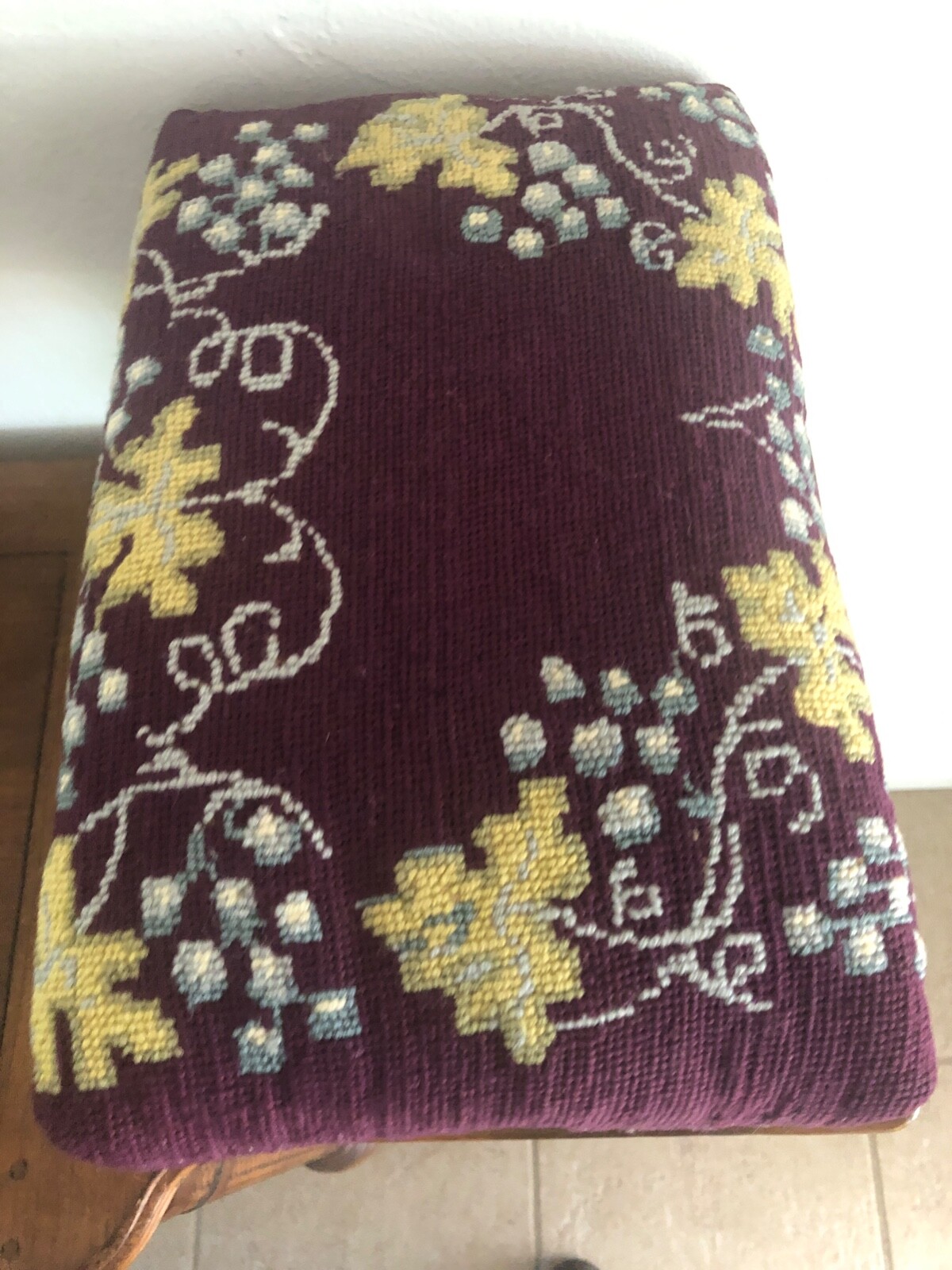 Antique Foot Stool Needlepoint Grapes & Leaf on Plum Background Wool 10" Tall