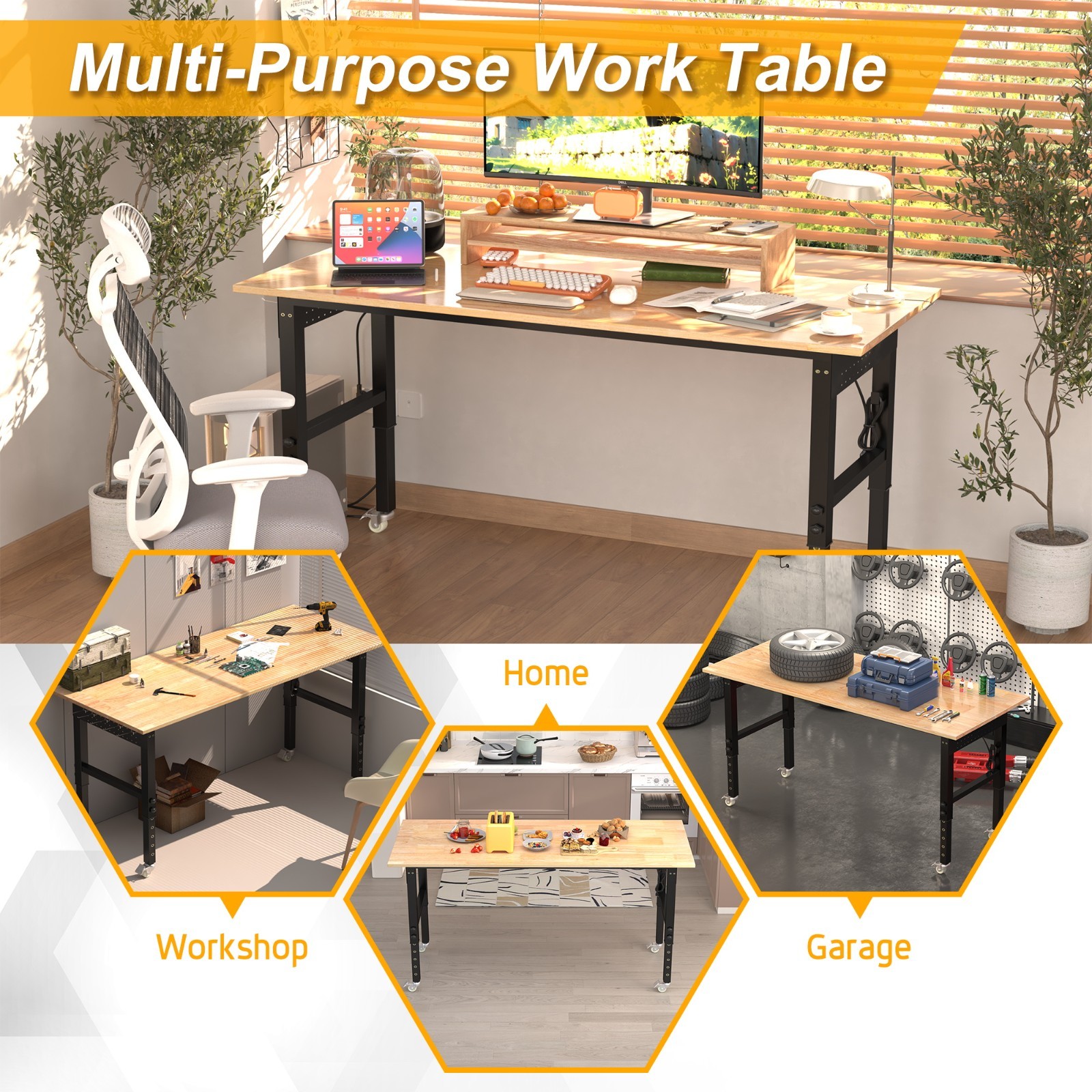 70'' Adjustable Workbench with Socket, Wheels ,Fixed Legs and Hanging Board