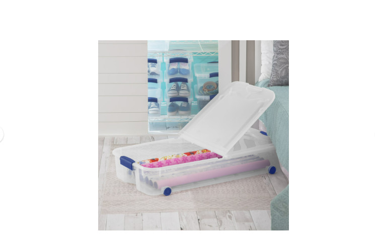 66 Qt Clear Underbed Storage Bin with Lid & Wheels Blue Rolling Box