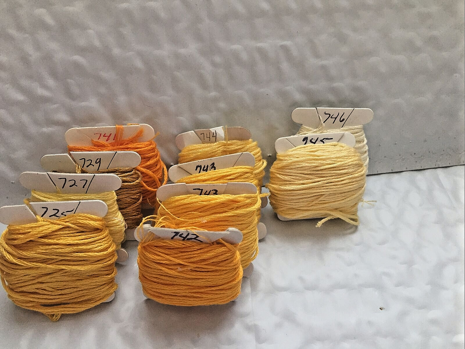 Lot of 10 DMC  Cross Stitch Floss Carded-#725, 727,729,741,742,743x2,744,745,746