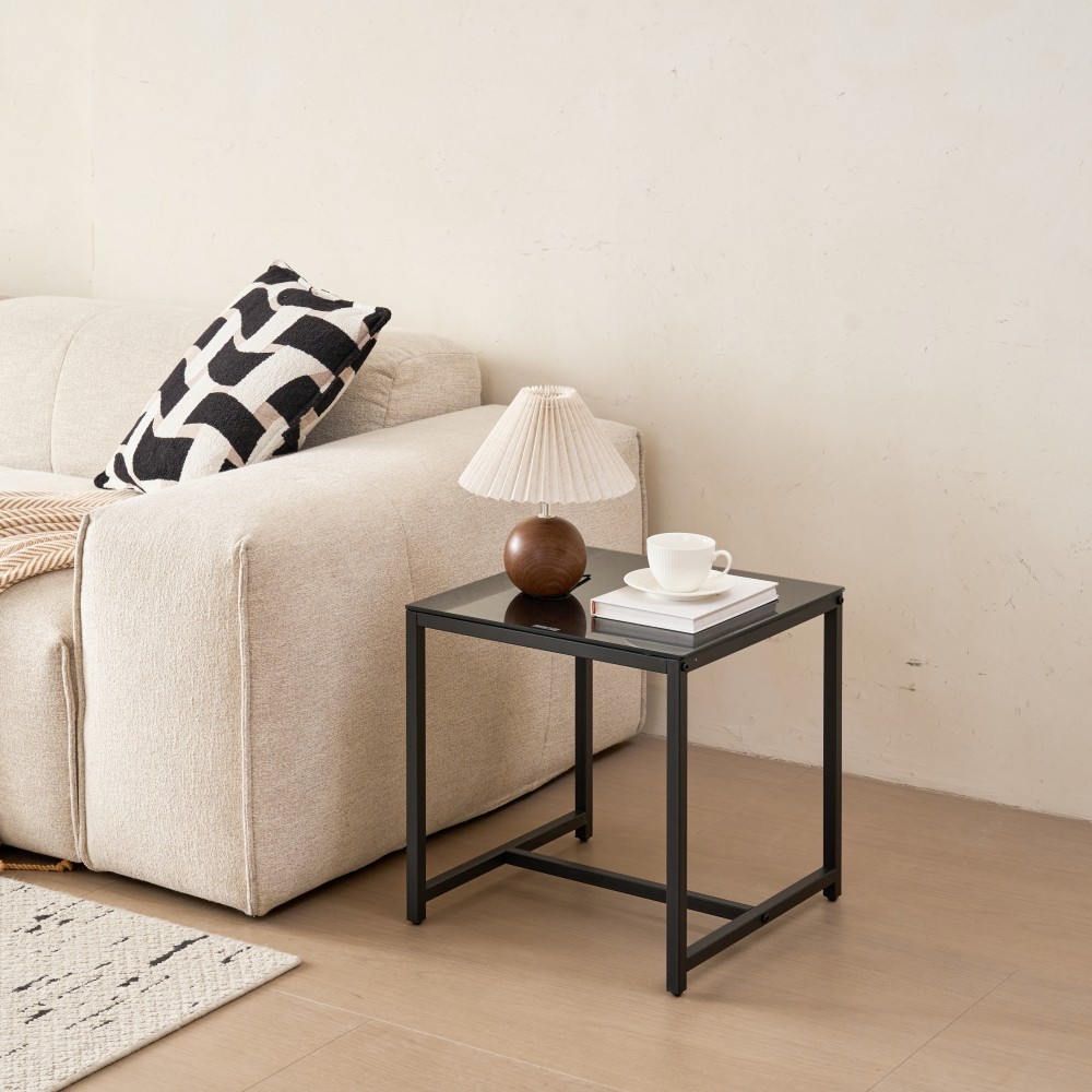 Black Glass Night Stand MDF Side Table Small Tea Table Sofa Table with Metal Leg