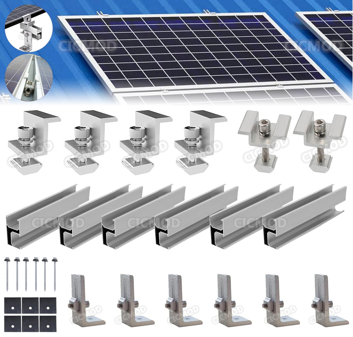 Solar Panel Mounting Rail Rack Brackets Kit Fixing Clamp for 1-4Pack Roof Mount