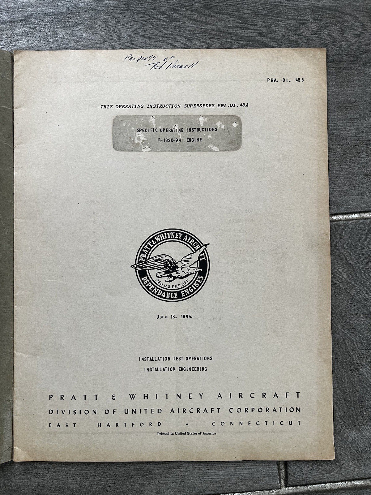 Pratt & Whitney R-1830-94 Engine Specific Operating Instructions 1946 Original