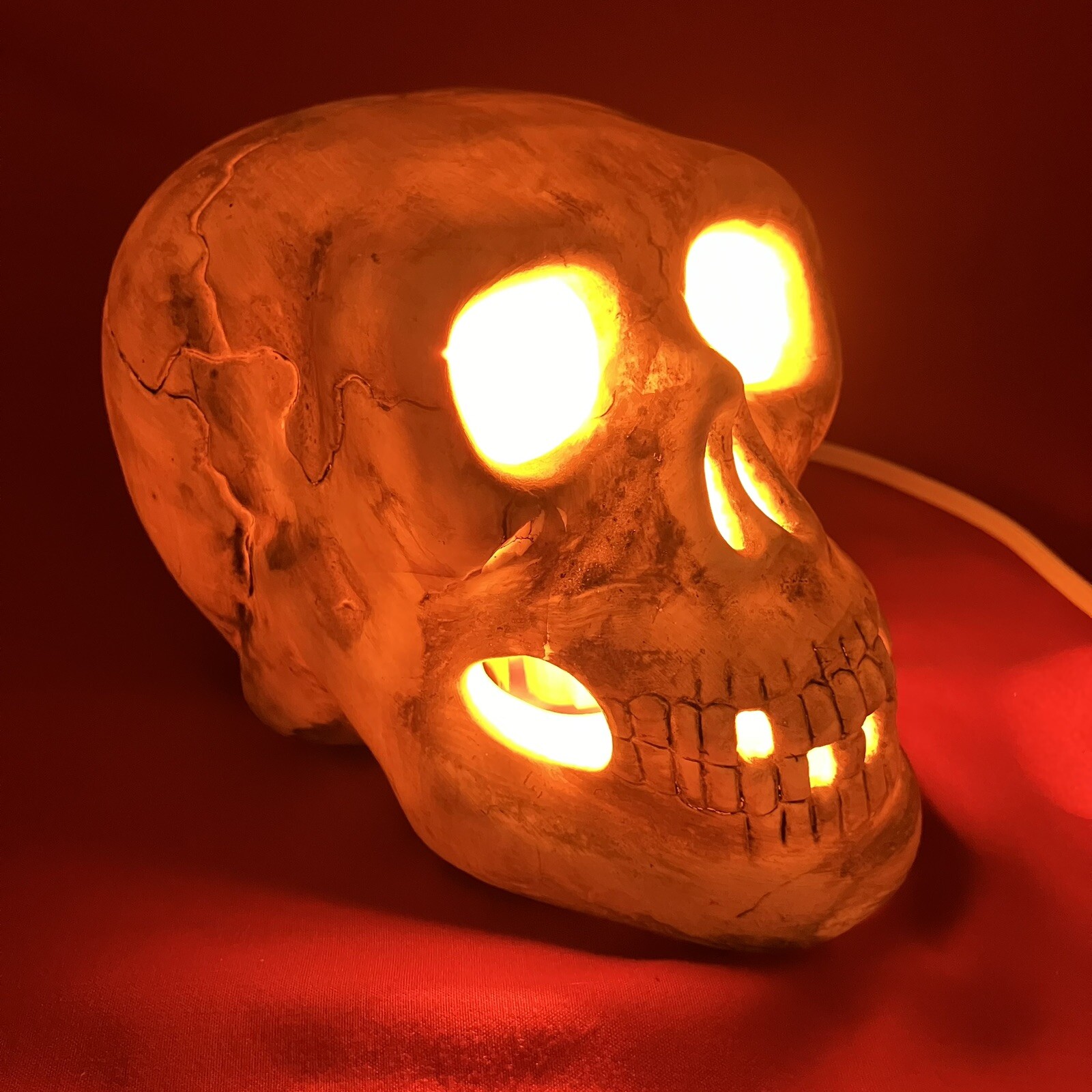 Porcelain Light Up Skull / Orange / Accent / Antiqued Ceramic / Halloween / Flaw