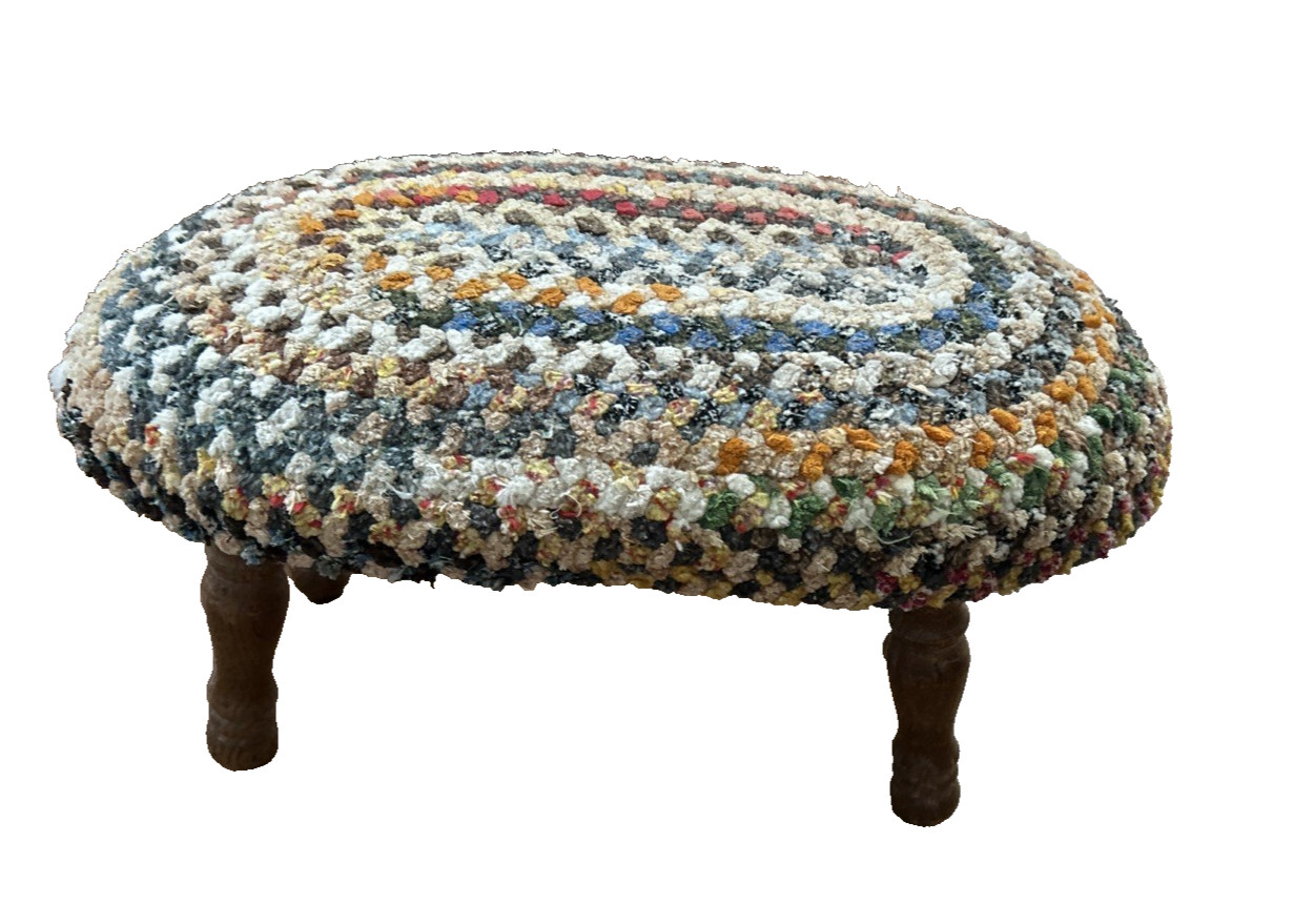 Oval Chenille Covered Braided Top Footstool Wood Legs French Country Vintage