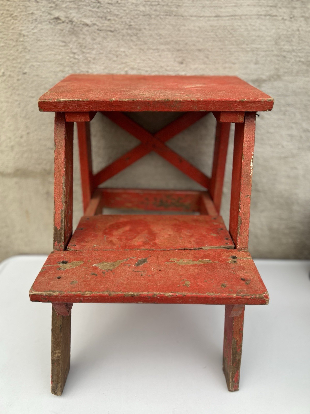 Vintage Rustic Solid Wood 2-Step Stool Farmhouse Bench Plant Stand Red 20+