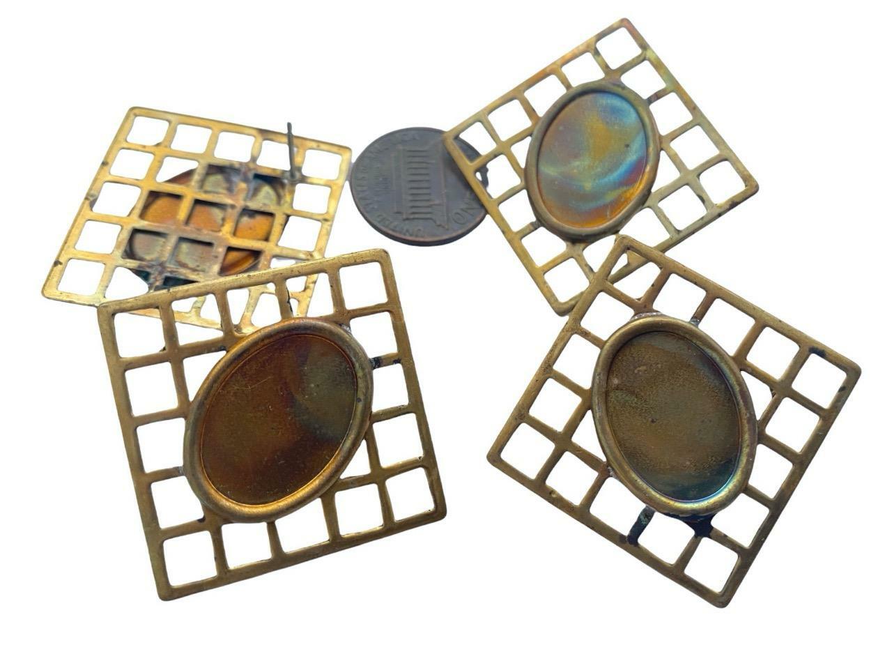 Vintage Large 30mm Brass Post Earrings Grid Oval Setting 4