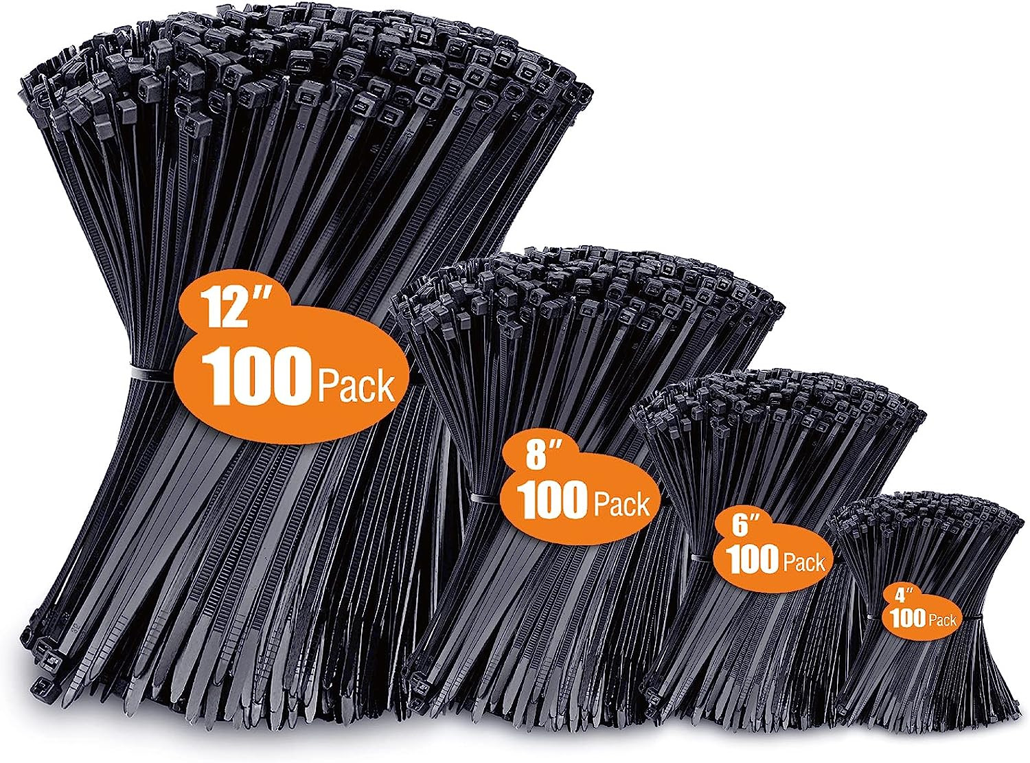 Zip Ties Assorted Sizes(4+6+8+12) 400 Pack Black Cable Ties...