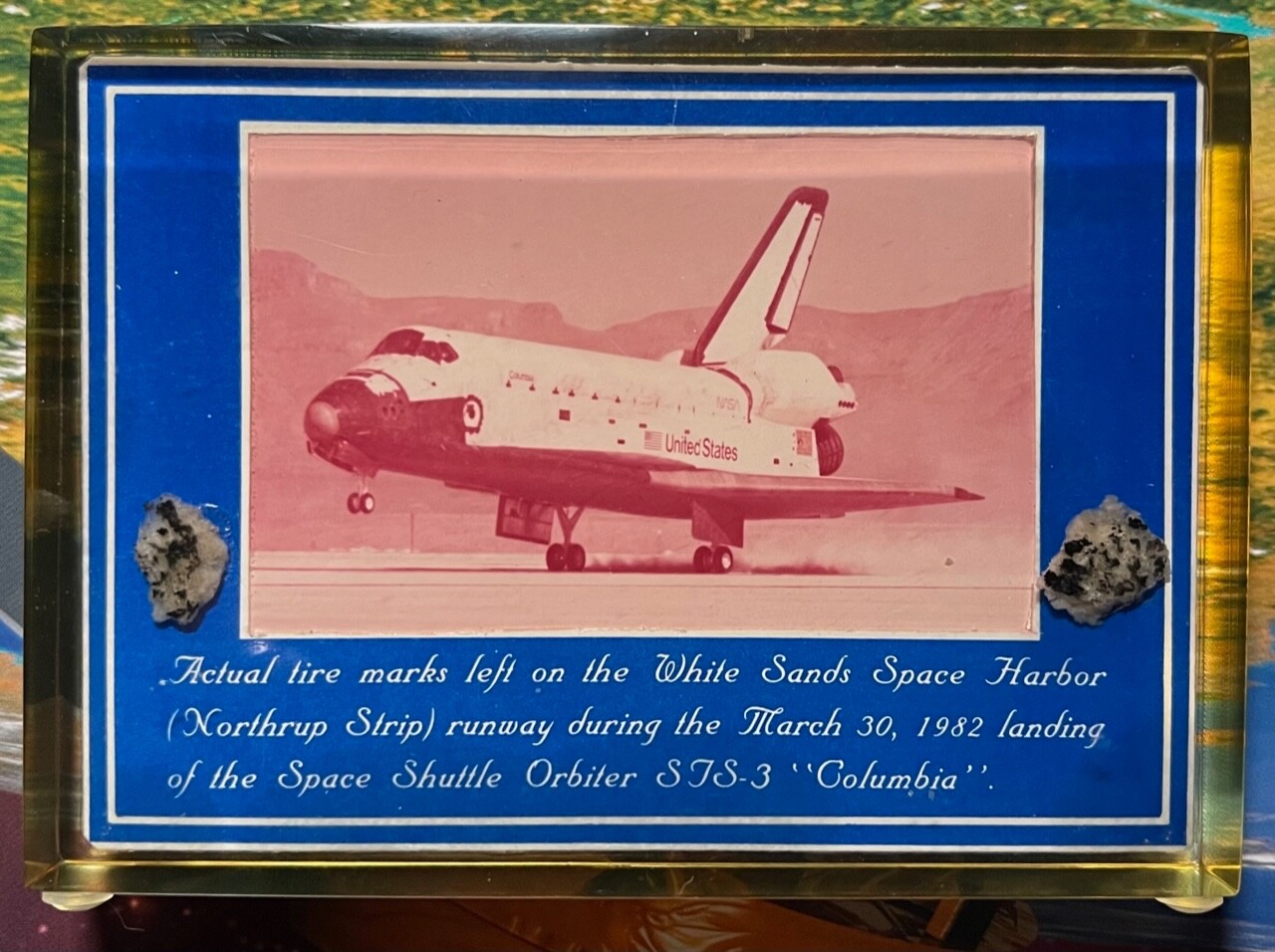 STS-3 TIRE ARTIFACT RELIC DESK PRESENTATION IN LUCITE