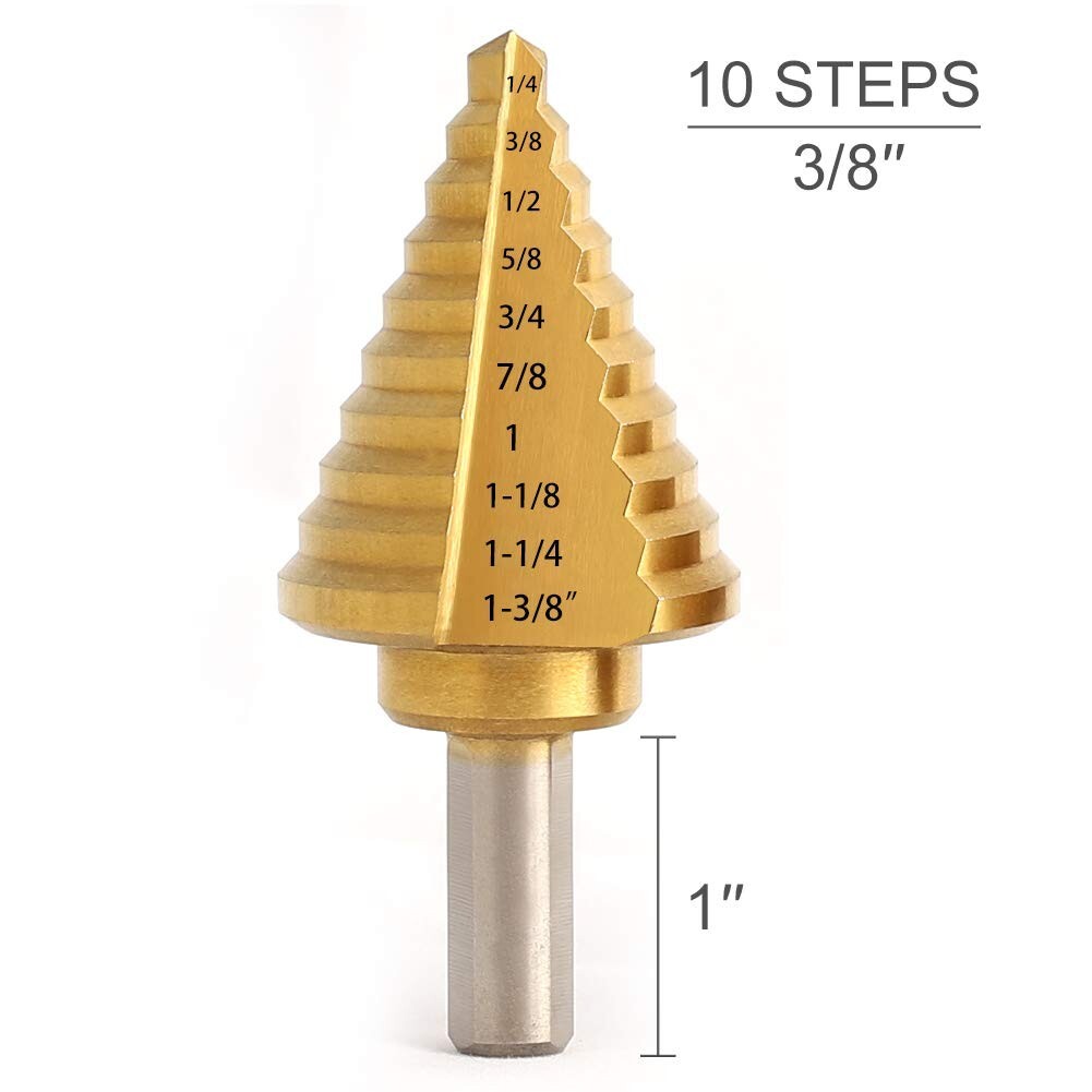 Step Drill Bit - Titanium Coated, Double Cutting Blades, HSS, Short, 10 Sizes