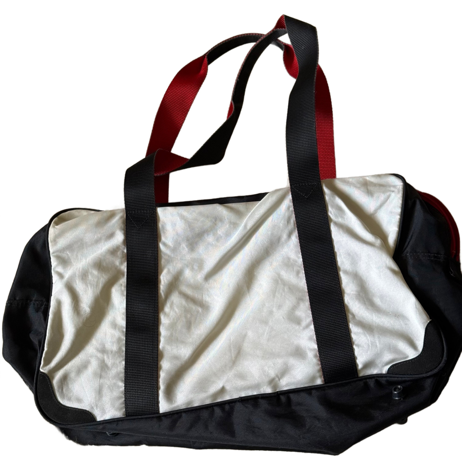Vintage 80s 90s Nike Nylon Tote Duffle Bag White with Red Swoosh Black Handles