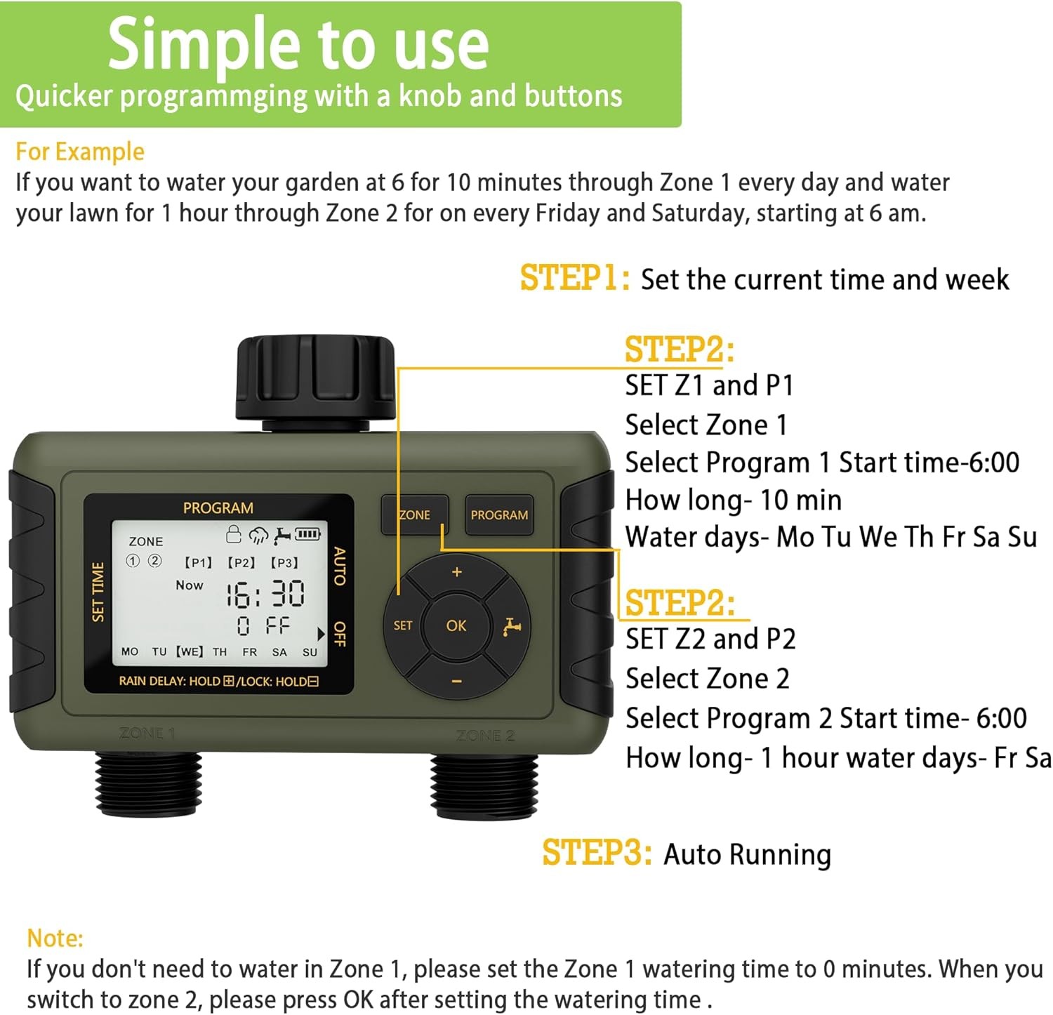 Sprinkler Timer 2 Zone Water Timer Outdoor Irrigation with Rain Delay for Garden