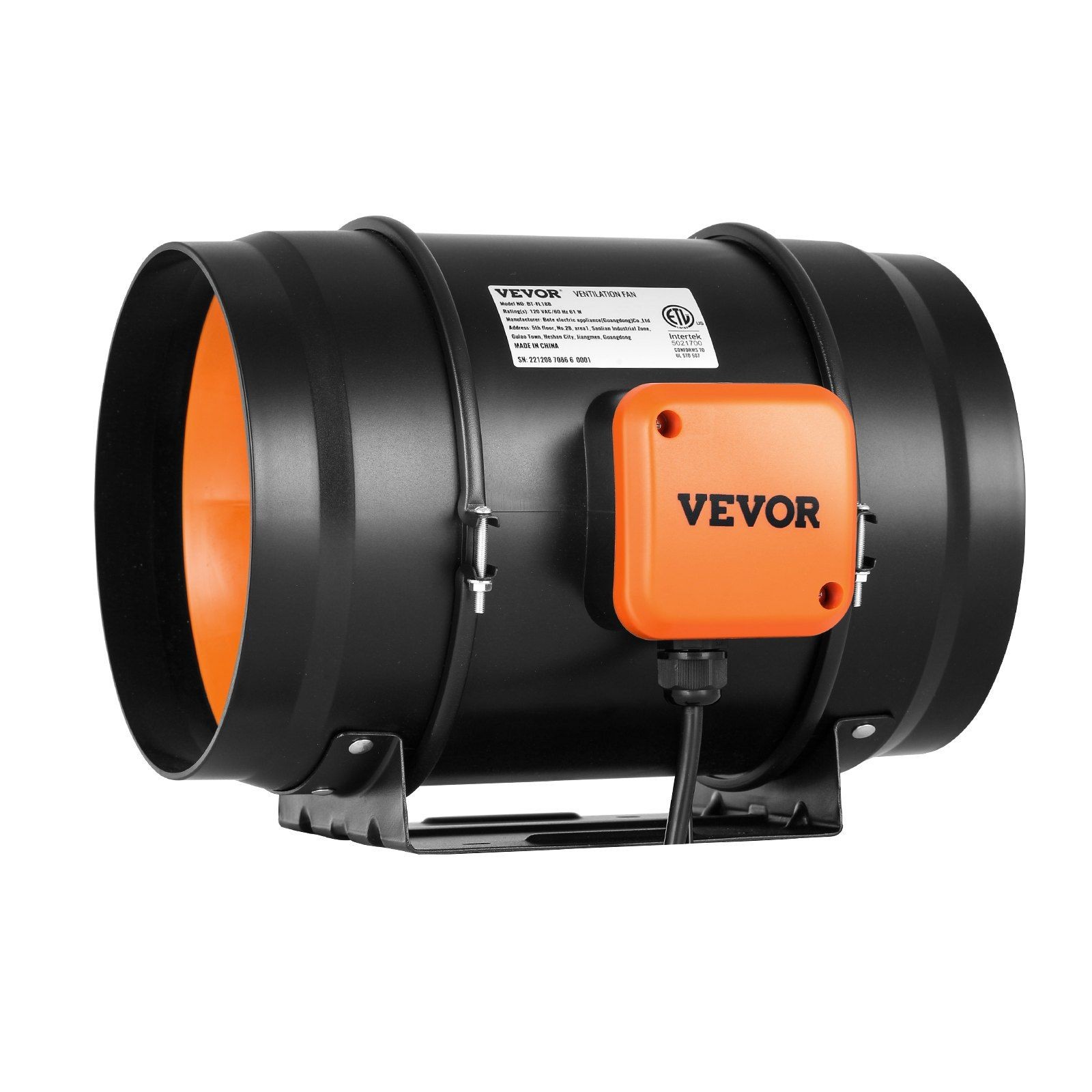 8-in Inline Duct Fan, 750 CFM, Variable Speed, Quiet 38dB AC Motor