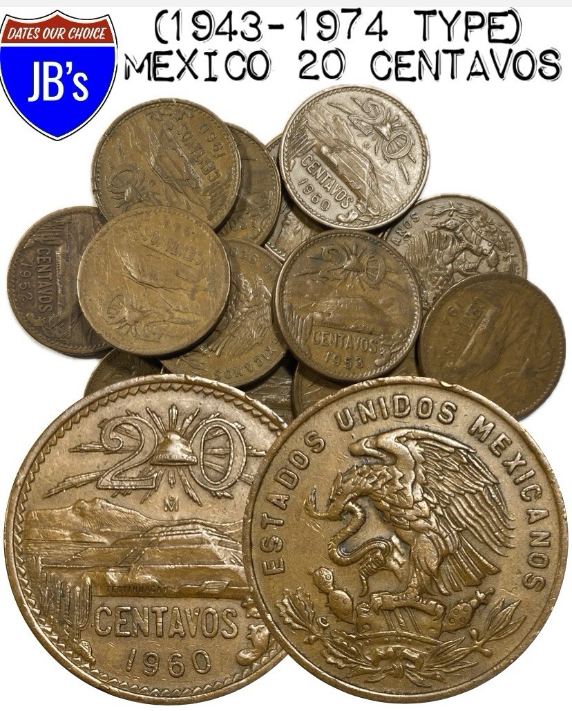Mexico 20 Centavos Large Bronze Coin - Pyramid of the Sun - (1943-1974 Type)
