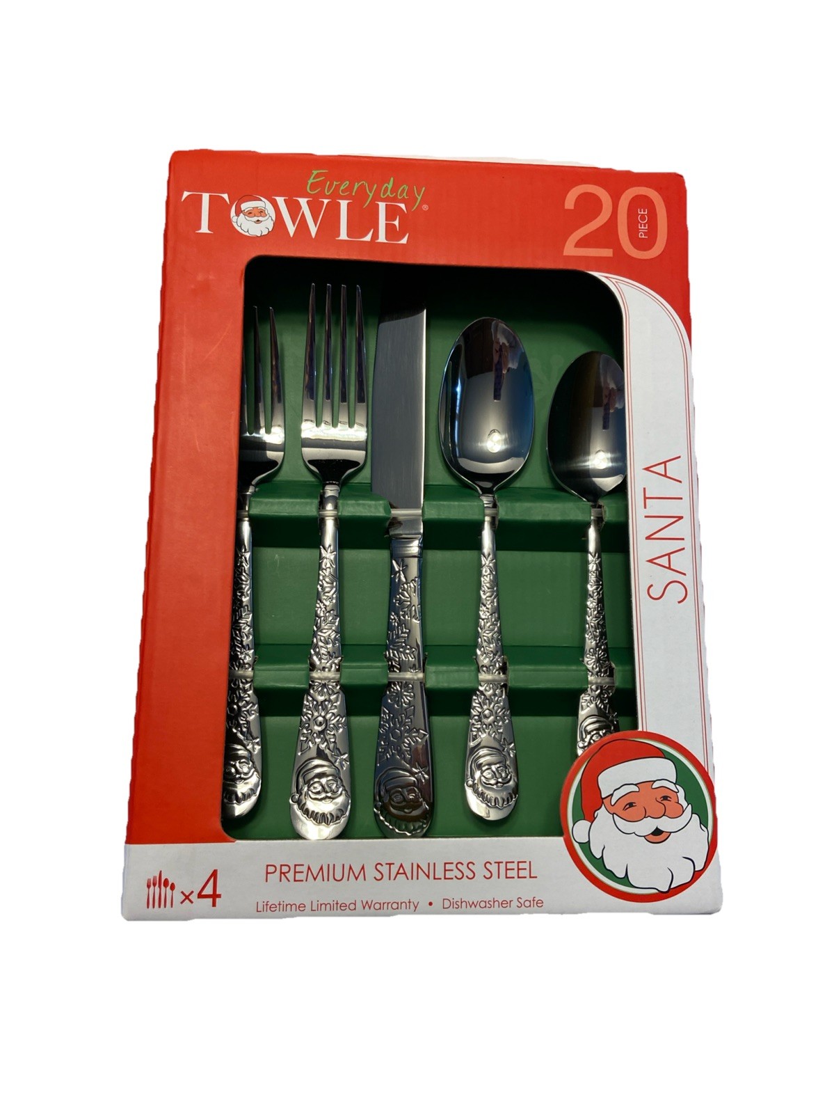 New  Everyday Towle Santa Christmas Stainless Steel Silverware 20 PCs 4 Settings