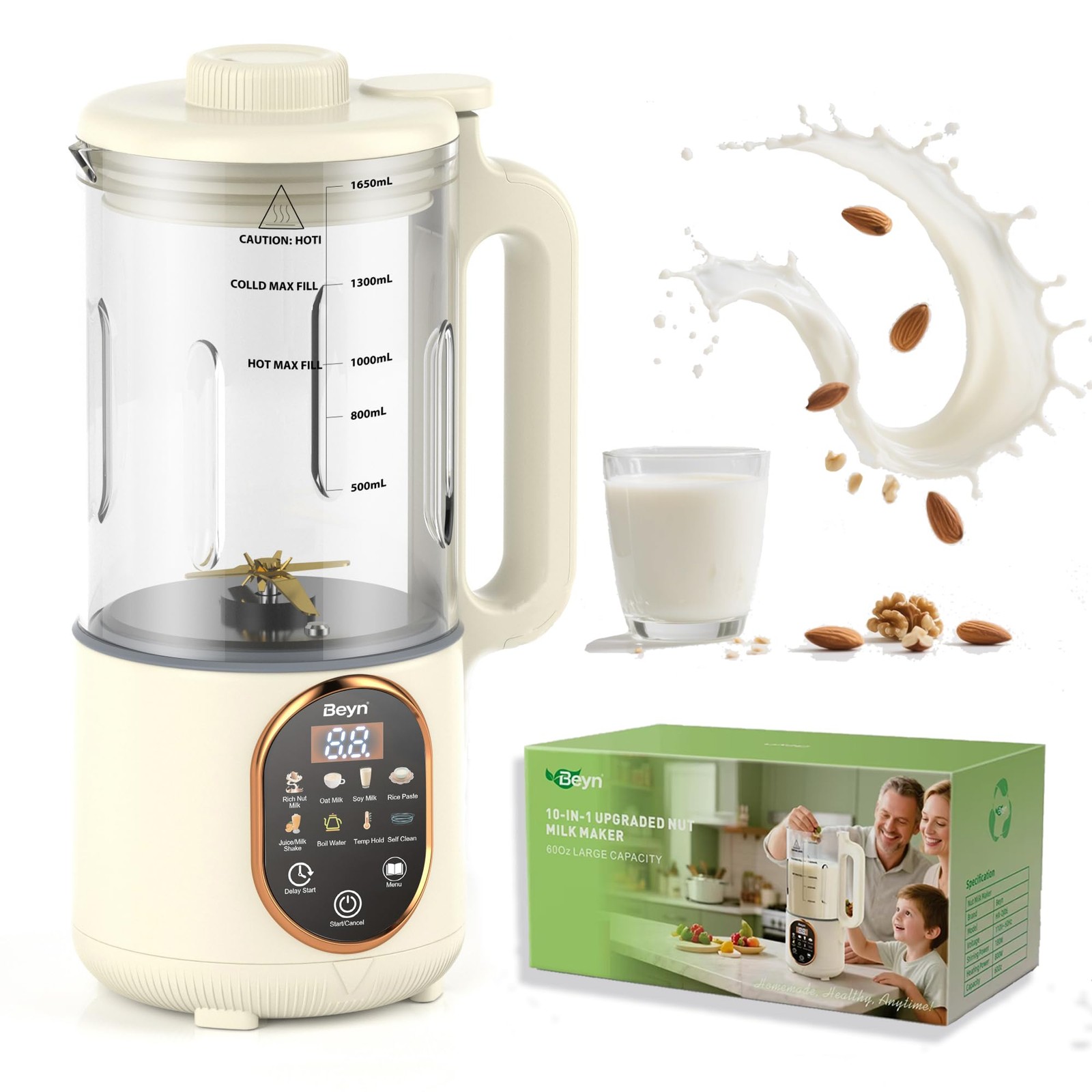 Nut Milk Maker Machine 10-in-1 60oz 48 Titanium Blades Self-Cleaning Cream