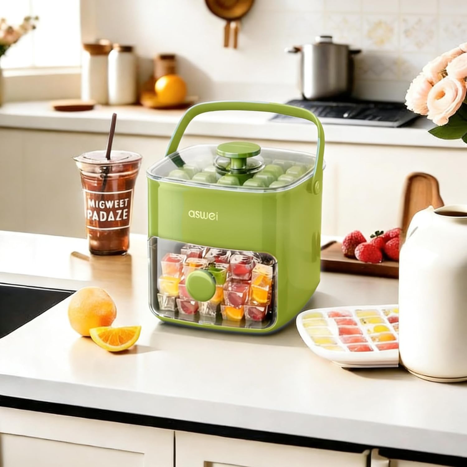 Compact Ice Cube Tray W/ Lid & Bin Mini Press-Type Ice Cube Maker Freezer