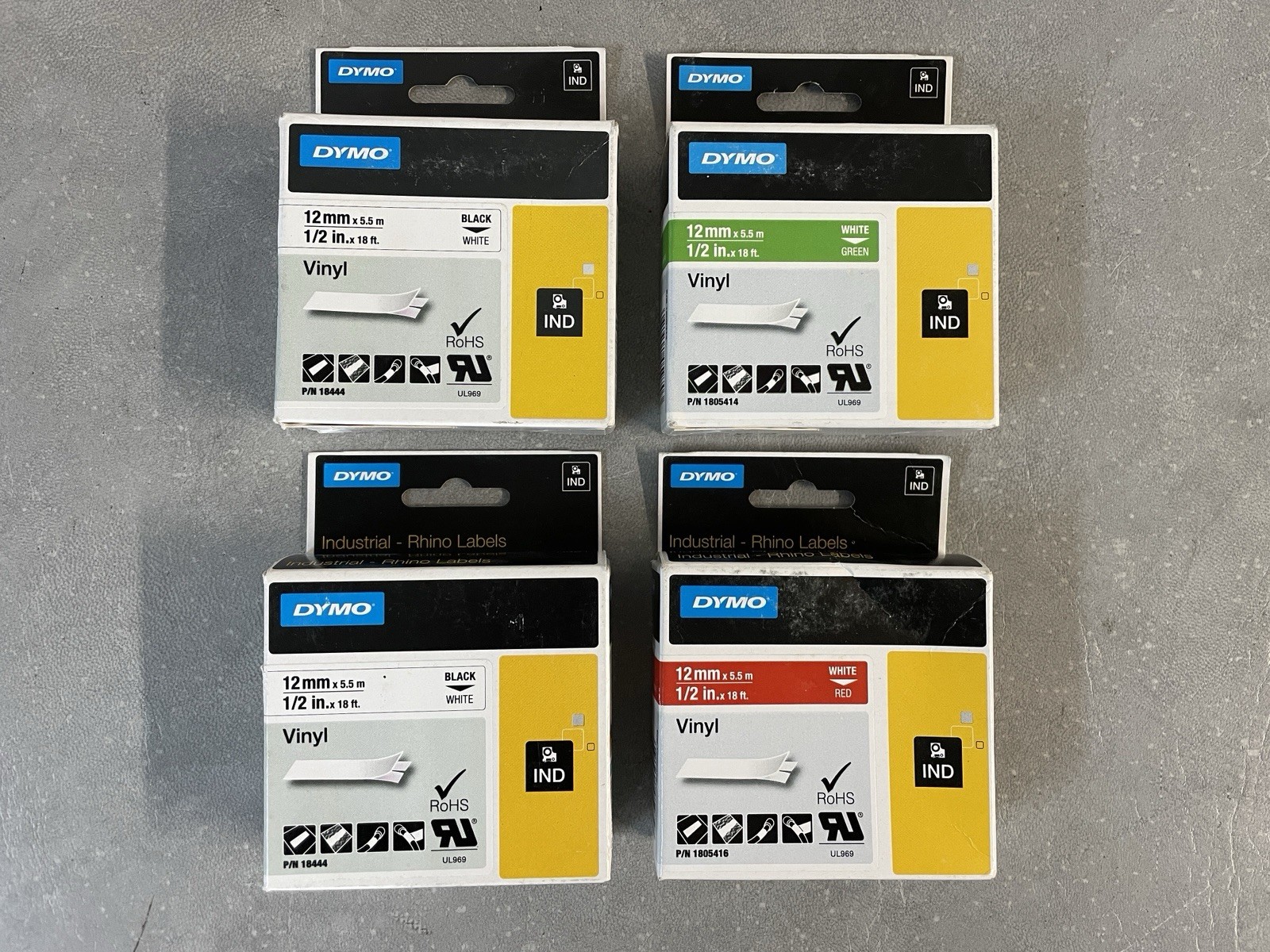 Lot of 4 Genuine DYMO Rhino Industrial Vinyl Label Tape 1/2" x 18' 3 Colors